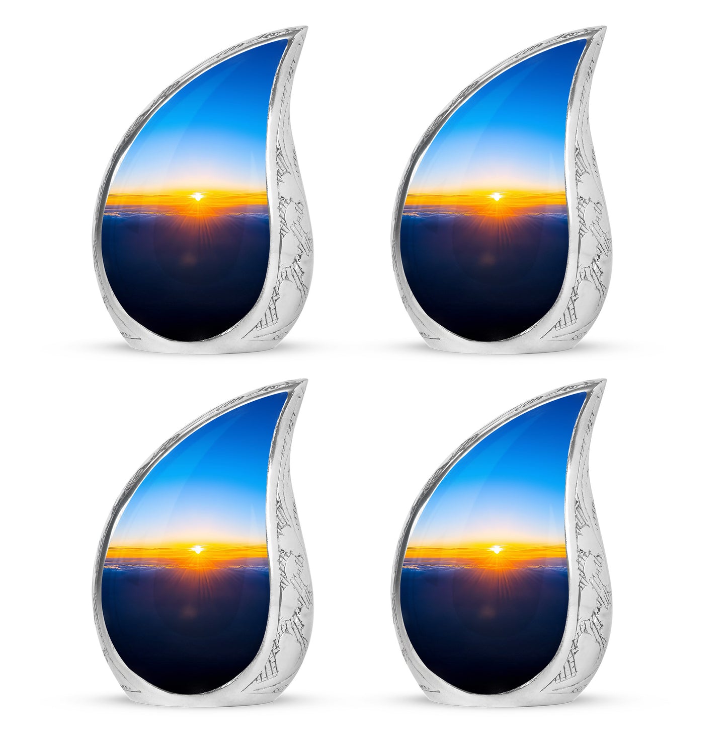 Powder Blue Blue Cremation Urn close-up of engraving and surface detail - flowing teardrop blue silhouette on curved aluminum - 10 inch aluminum urn for cremated remains