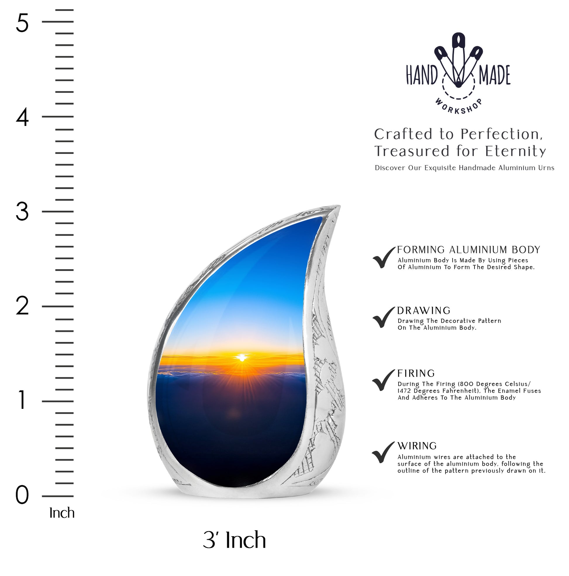 Cornflower Blue Blue Cremation Urn angled view of lid and engraved motif - smooth teardrop contour featuring blue art - mini keepsake memorial for portion of cremation ashes