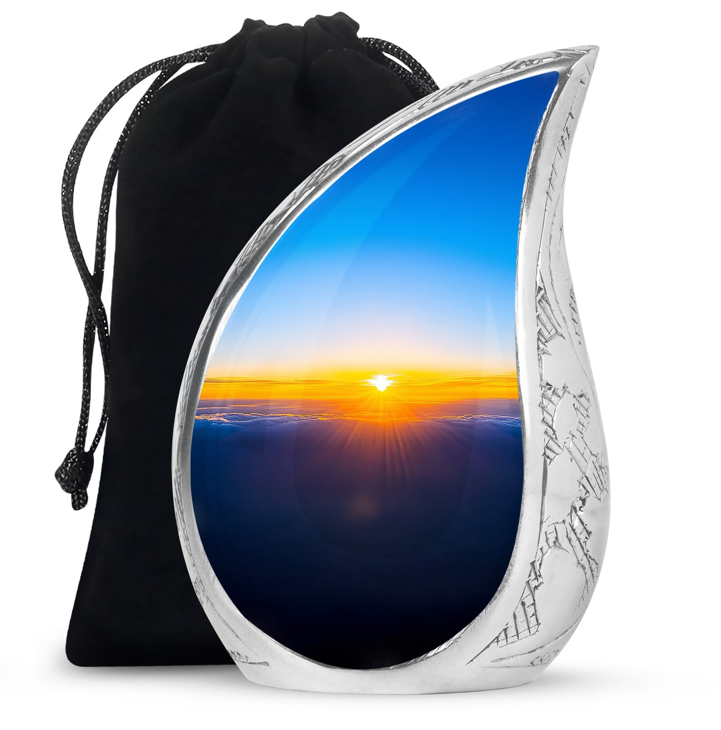 Sky Blue Blue Cremation Urn front view showing detailed design - flowing teardrop blue silhouette on curved aluminum - full-size 10 inch 200 cubic inch adult cremation urn