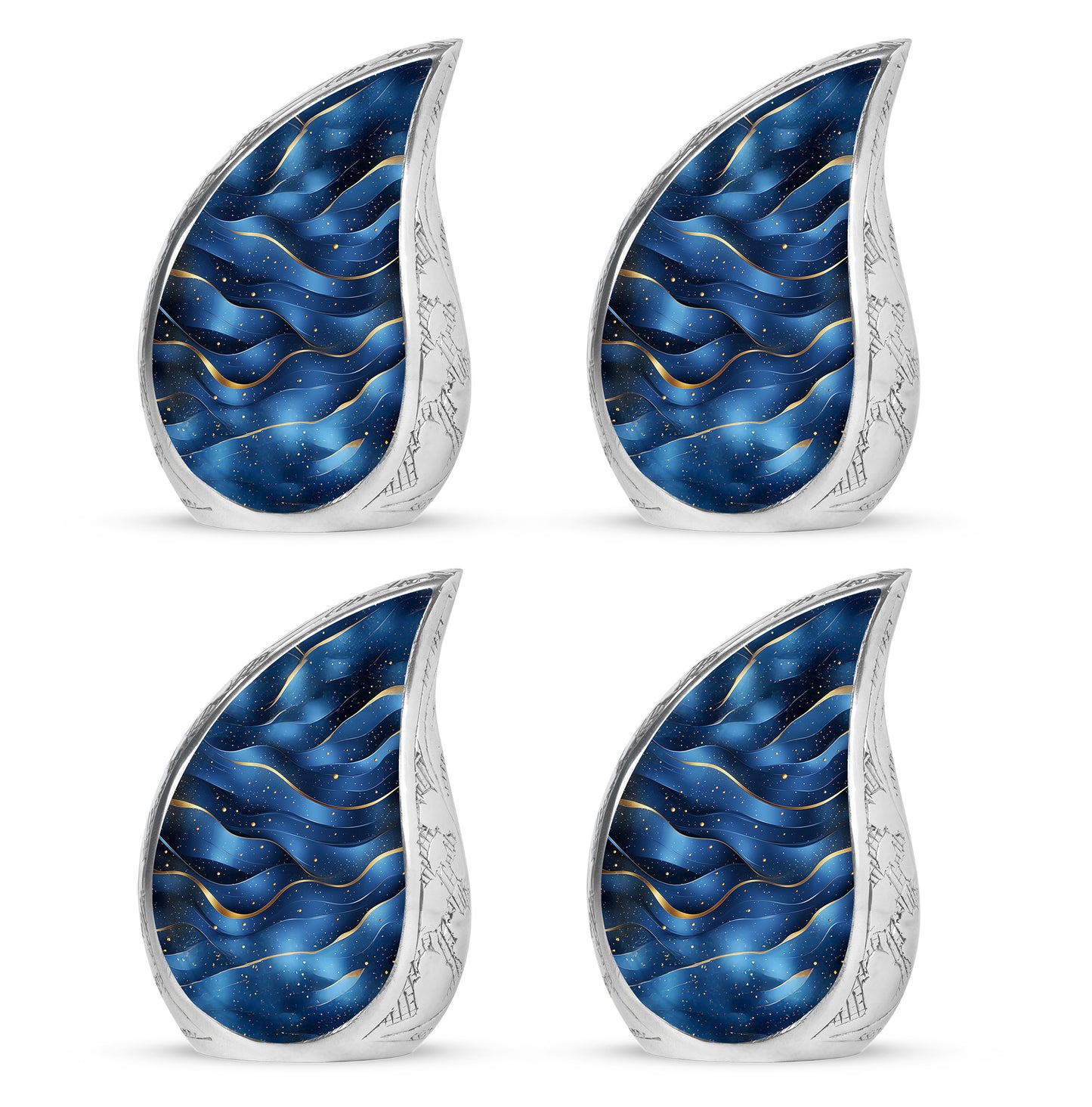 Soft Blue Blue Cremation Urn close-up of engraving and surface detail - smooth teardrop contour featuring blue art - 10 inch aluminum urn for cremated remains