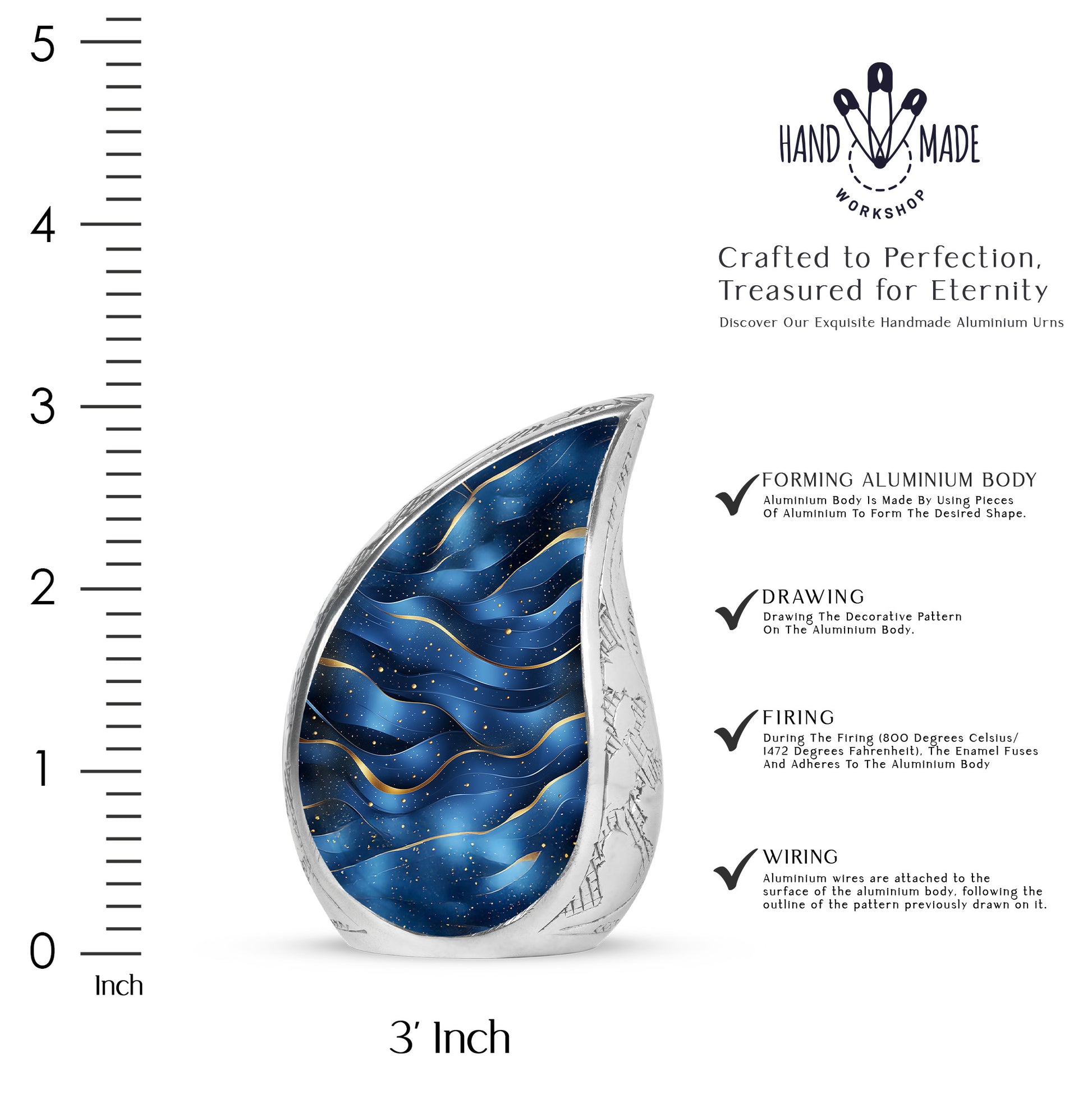 Cornflower Blue Blue Cremation Urn angled view of lid and engraved motif - smooth teardrop contour featuring blue art - mini keepsake memorial for portion of cremation ashes
