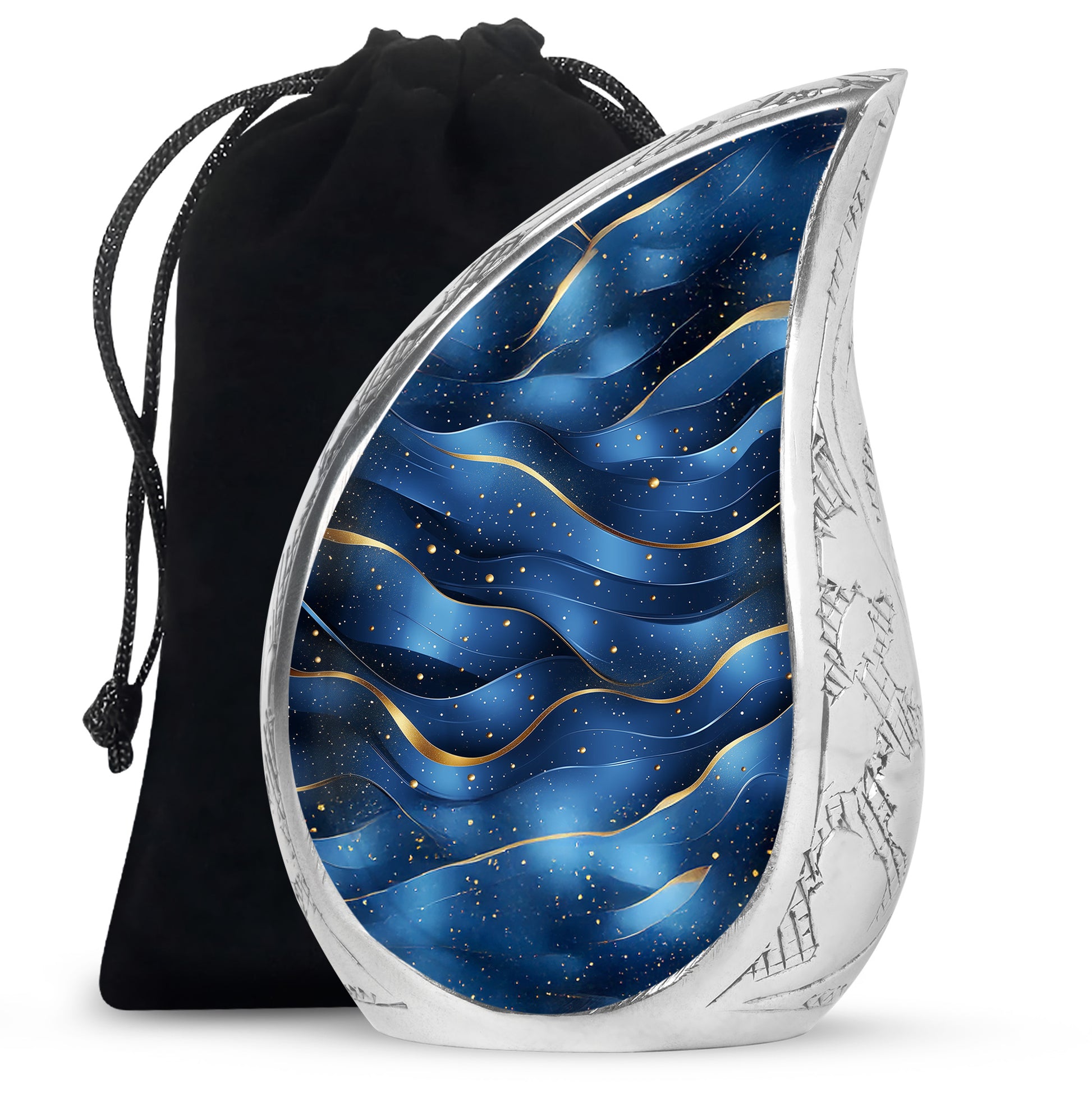 Sapphire Blue Blue Cremation Urn front view showing detailed design - graceful tear-shaped urn with blue motif - full-size 10 inch 200 cubic inch adult cremation urn