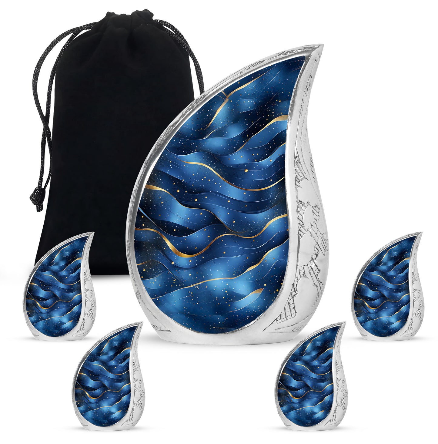 Twilight Blue Blue Cremation Urn side profile showing urn shape - smooth teardrop contour featuring blue art - memorial set with one large and four small urns