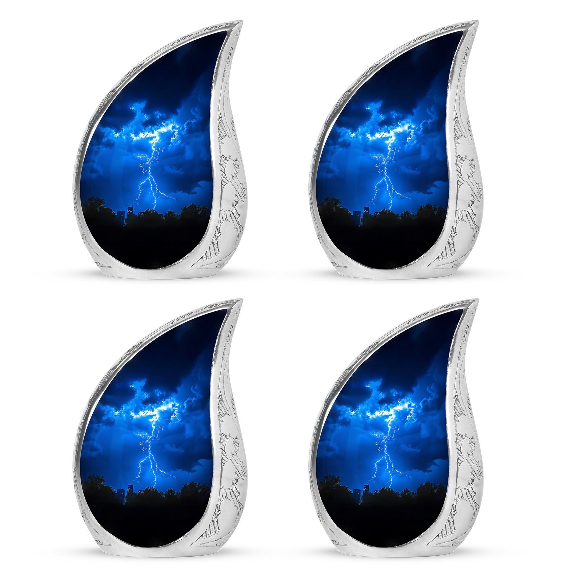 Sky Blue Blue Cremation Urn close-up of engraving and surface detail - rounded teardrop blue design with delicate detail - 10 inch aluminum urn for cremated remains