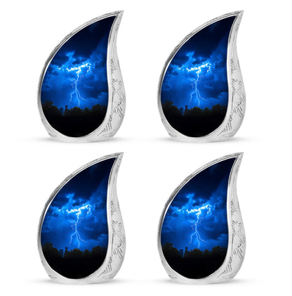 Sky Blue Blue Cremation Urn close-up of engraving and surface detail - rounded teardrop blue design with delicate detail - 10 inch aluminum urn for cremated remains