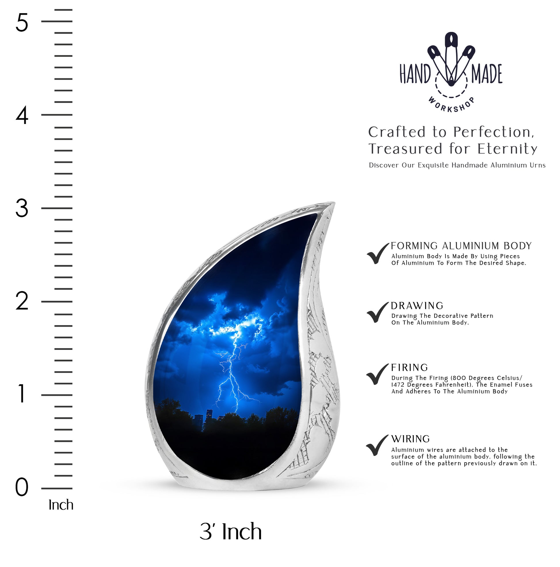 Calming Blue Blue Cremation Urn angled view of lid and engraved motif - graceful tear-shaped urn with blue motif - mini keepsake memorial for portion of cremation ashes
