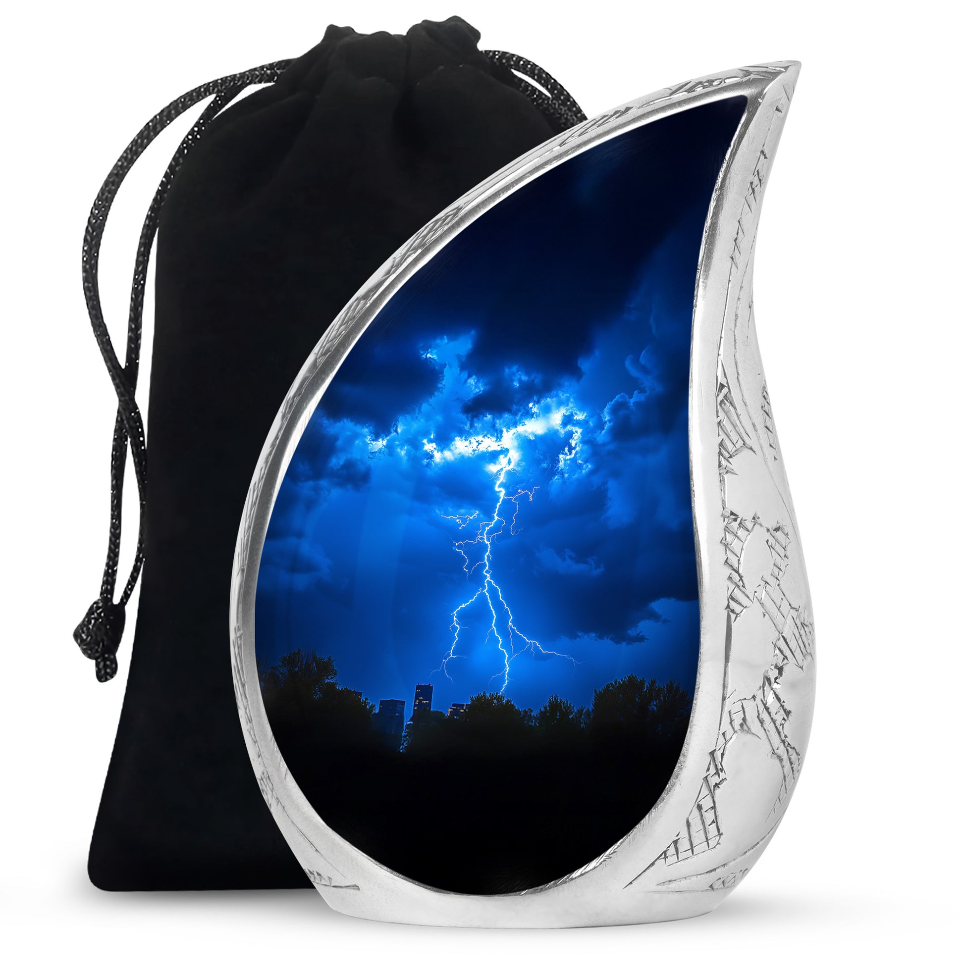 Twilight Blue Blue Cremation Urn front view showing detailed design - graceful tear-shaped urn with blue motif - full-size 10 inch 200 cubic inch adult cremation urn