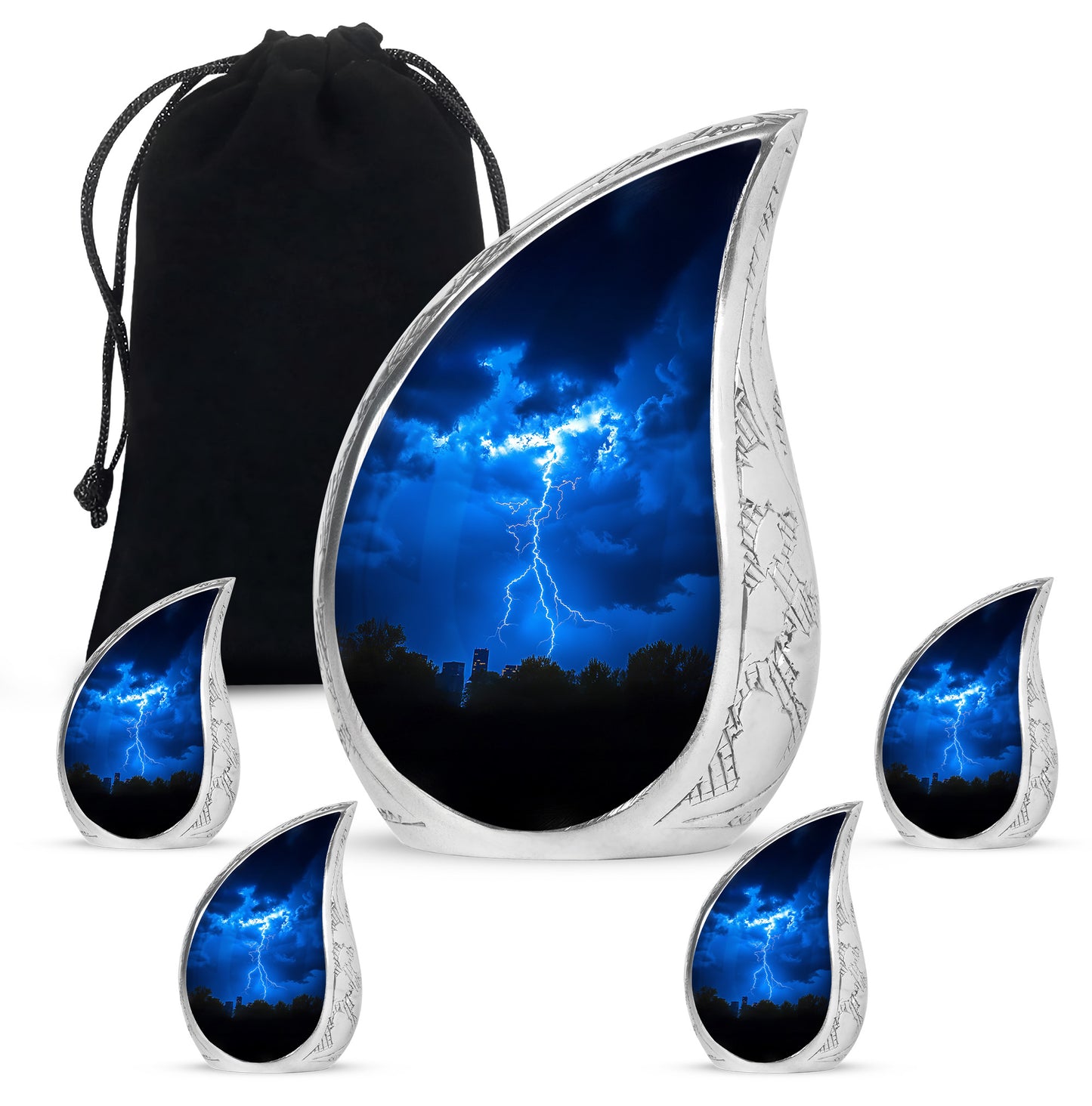 Azure Blue Cremation Urn side profile showing urn shape - rounded teardrop blue design with delicate detail - memorial set with one large and four small urns