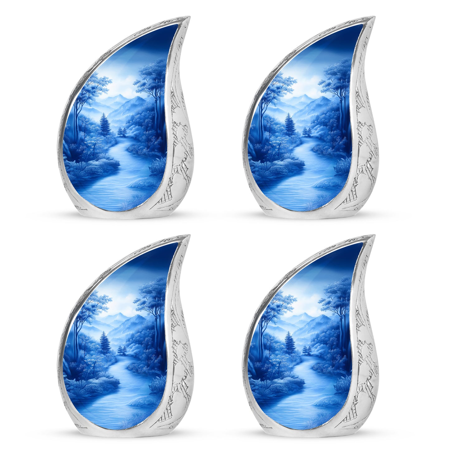 Indigo Blue Cremation Urn close-up of engraving and surface detail - rounded teardrop blue design with delicate detail - 10 inch aluminum urn for cremated remains