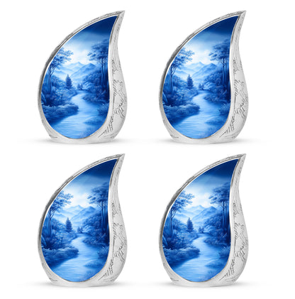 Indigo Blue Cremation Urn close-up of engraving and surface detail - rounded teardrop blue design with delicate detail - 10 inch aluminum urn for cremated remains