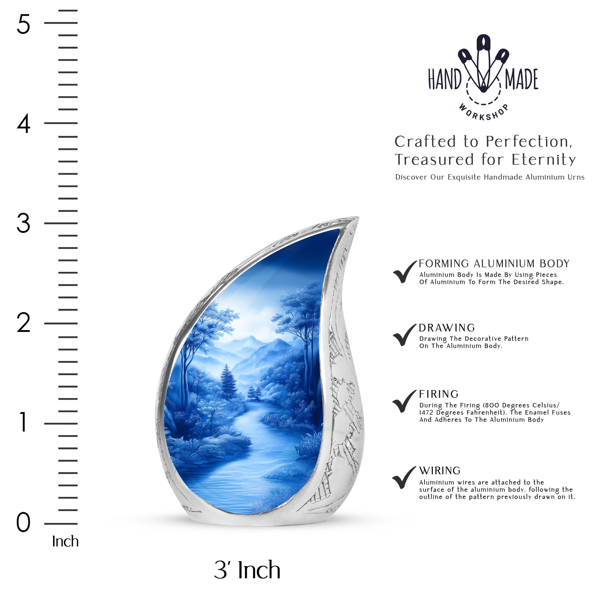 Royal Blue Blue Cremation Urn angled view of lid and engraved motif - smooth teardrop contour featuring blue art - mini keepsake memorial for portion of cremation ashes