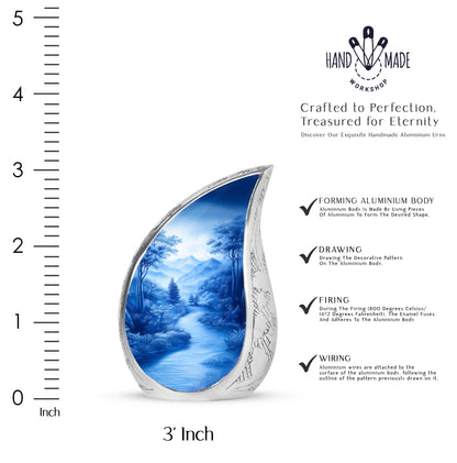 Royal Blue Blue Cremation Urn angled view of lid and engraved motif - smooth teardrop contour featuring blue art - mini keepsake memorial for portion of cremation ashes