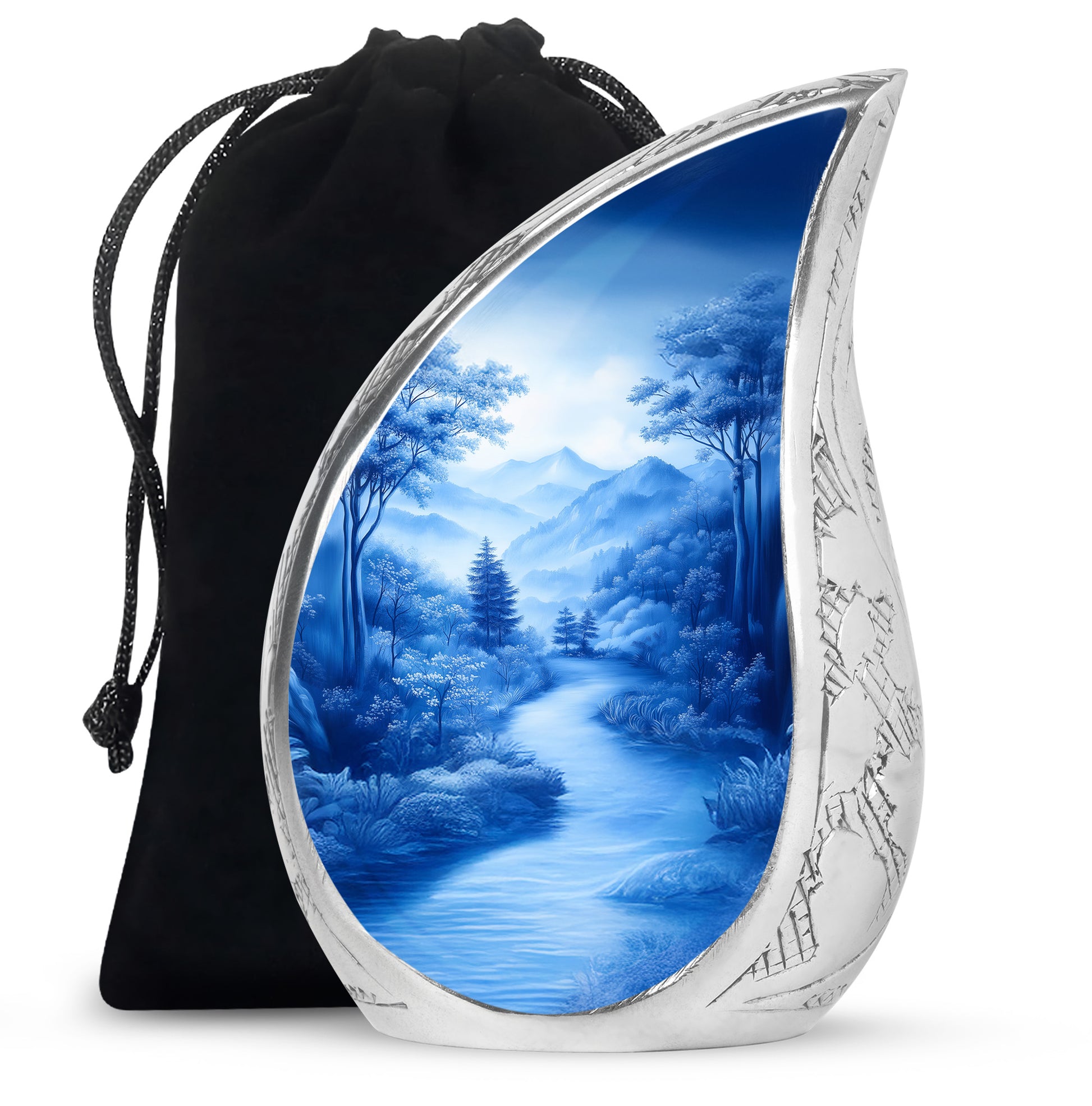 Cornflower Blue Blue Cremation Urn front view showing detailed design - graceful tear-shaped urn with blue motif - full-size 10 inch 200 cubic inch adult cremation urn