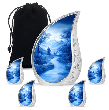 Cornflower Blue Blue Cremation Urn side profile showing urn shape - graceful tear-shaped urn with blue motif - memorial set with one large and four small urns