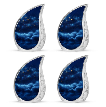 Vivid Blue Blue Cremation Urn close-up of engraving and surface detail - graceful tear-shaped urn with blue motif - 10 inch aluminum urn for cremated remains