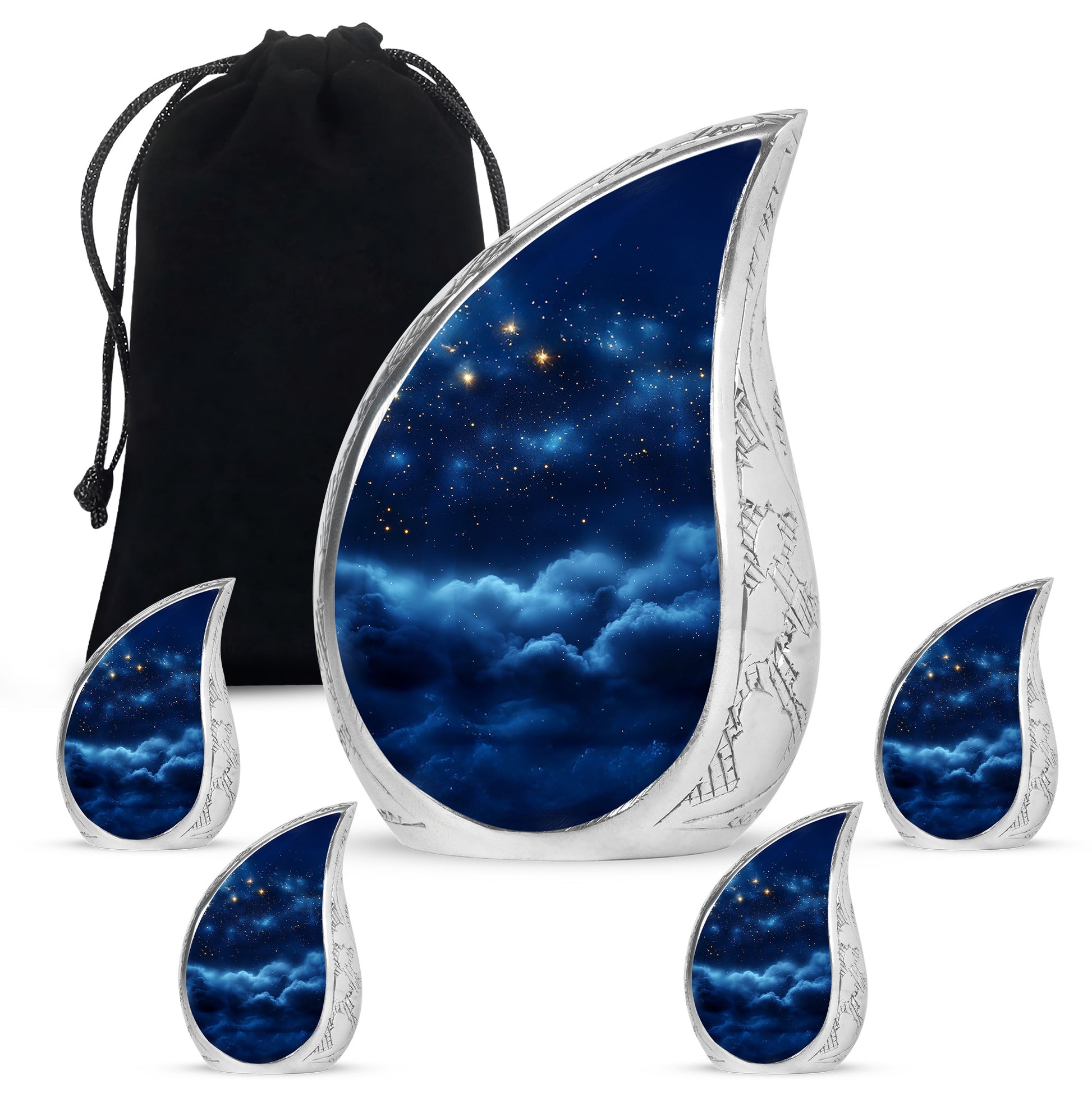 Azure Blue Cremation Urn side profile showing urn shape - rounded teardrop blue design with delicate detail - memorial set with one large and four small urns