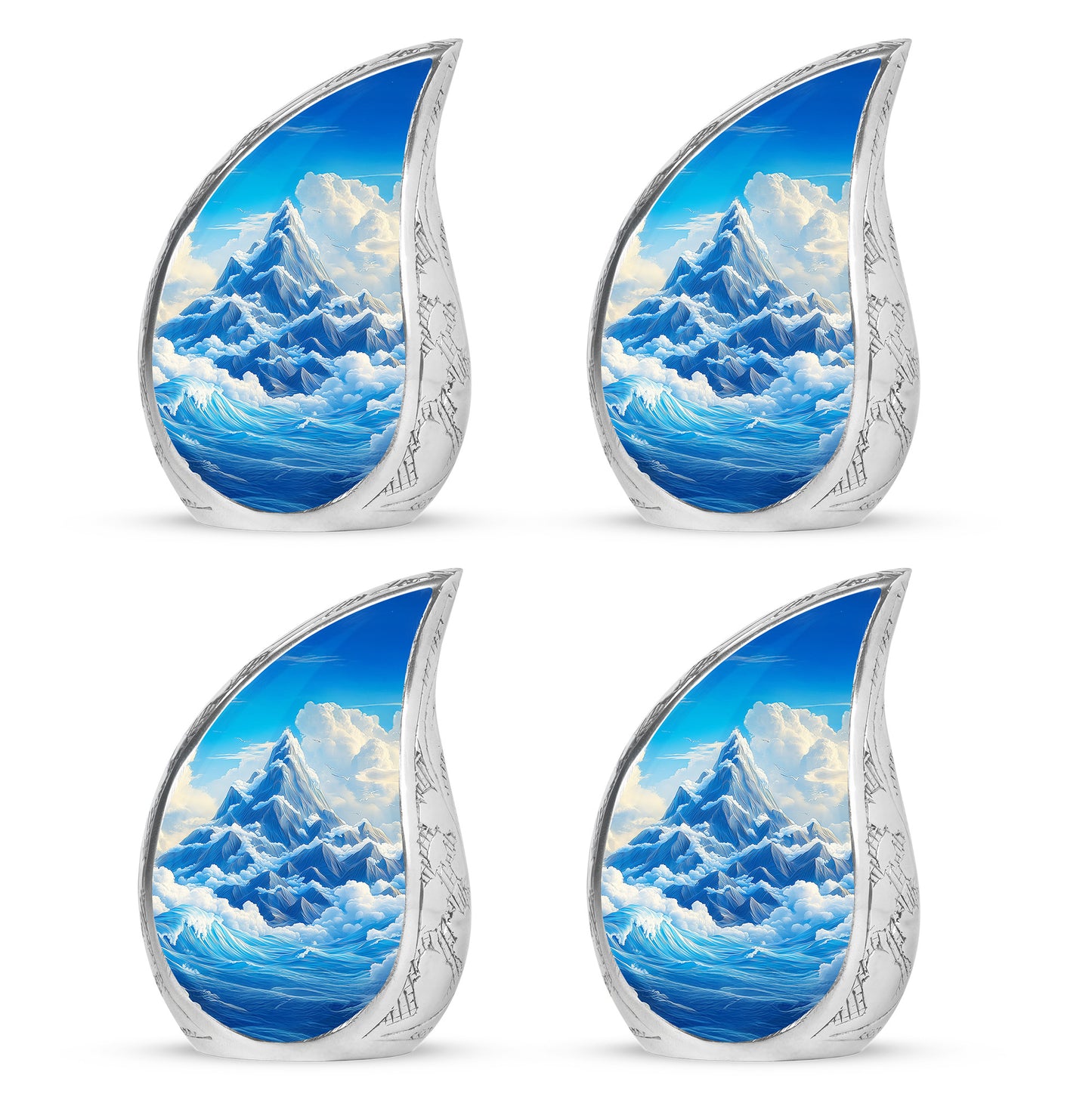 Cornflower Blue Blue Cremation Urn close-up of engraving and surface detail - graceful tear-shaped urn with blue motif - 10 inch aluminum urn for cremated remains