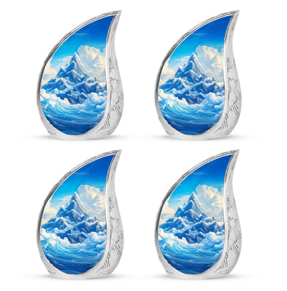 Cornflower Blue Blue Cremation Urn close-up of engraving and surface detail - graceful tear-shaped urn with blue motif - 10 inch aluminum urn for cremated remains
