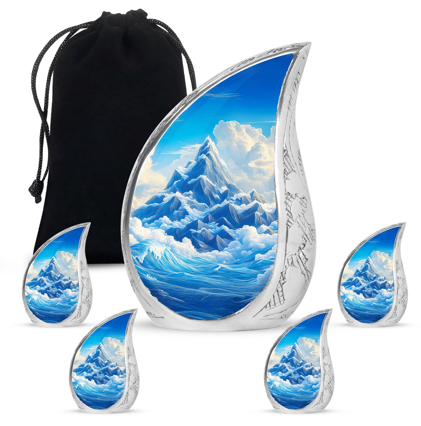 Steel Blue Blue Cremation Urn side profile showing urn shape - graceful tear-shaped urn with blue motif - memorial set with one large and four small urns