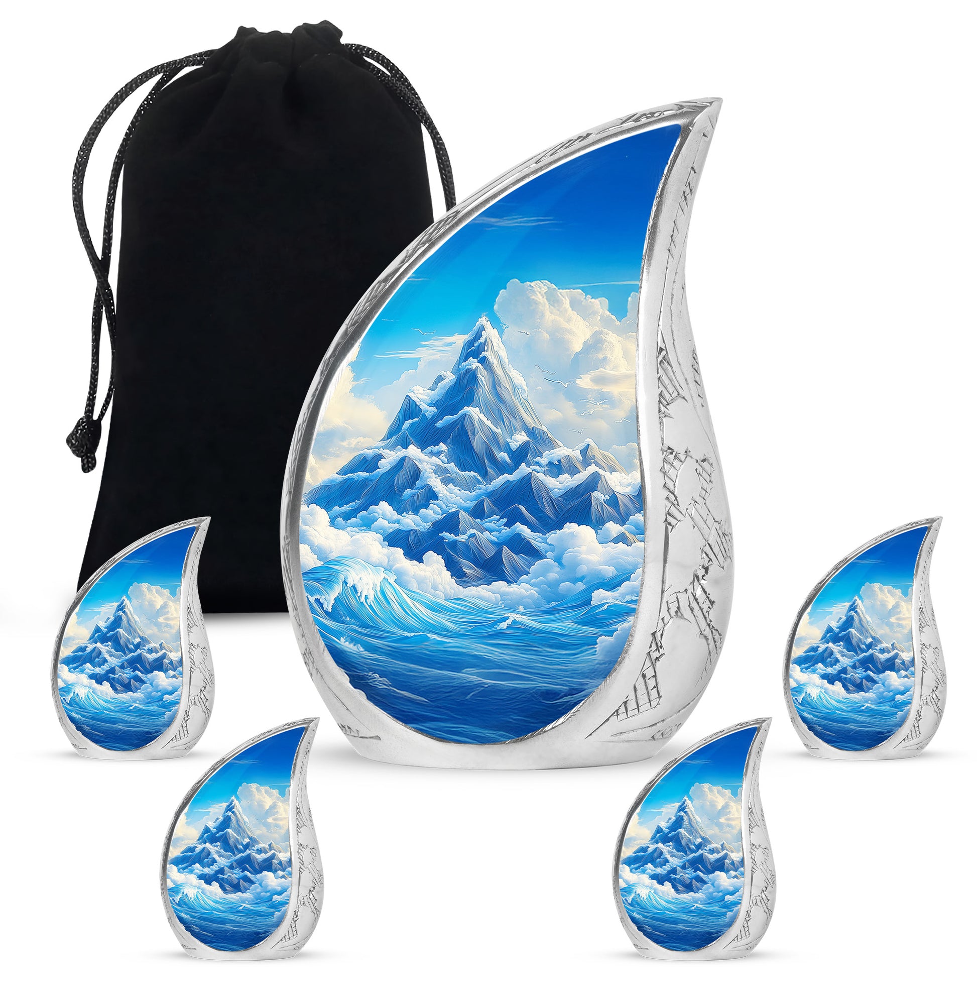 Steel Blue Blue Cremation Urn side profile showing urn shape - graceful tear-shaped urn with blue motif - memorial set with one large and four small urns