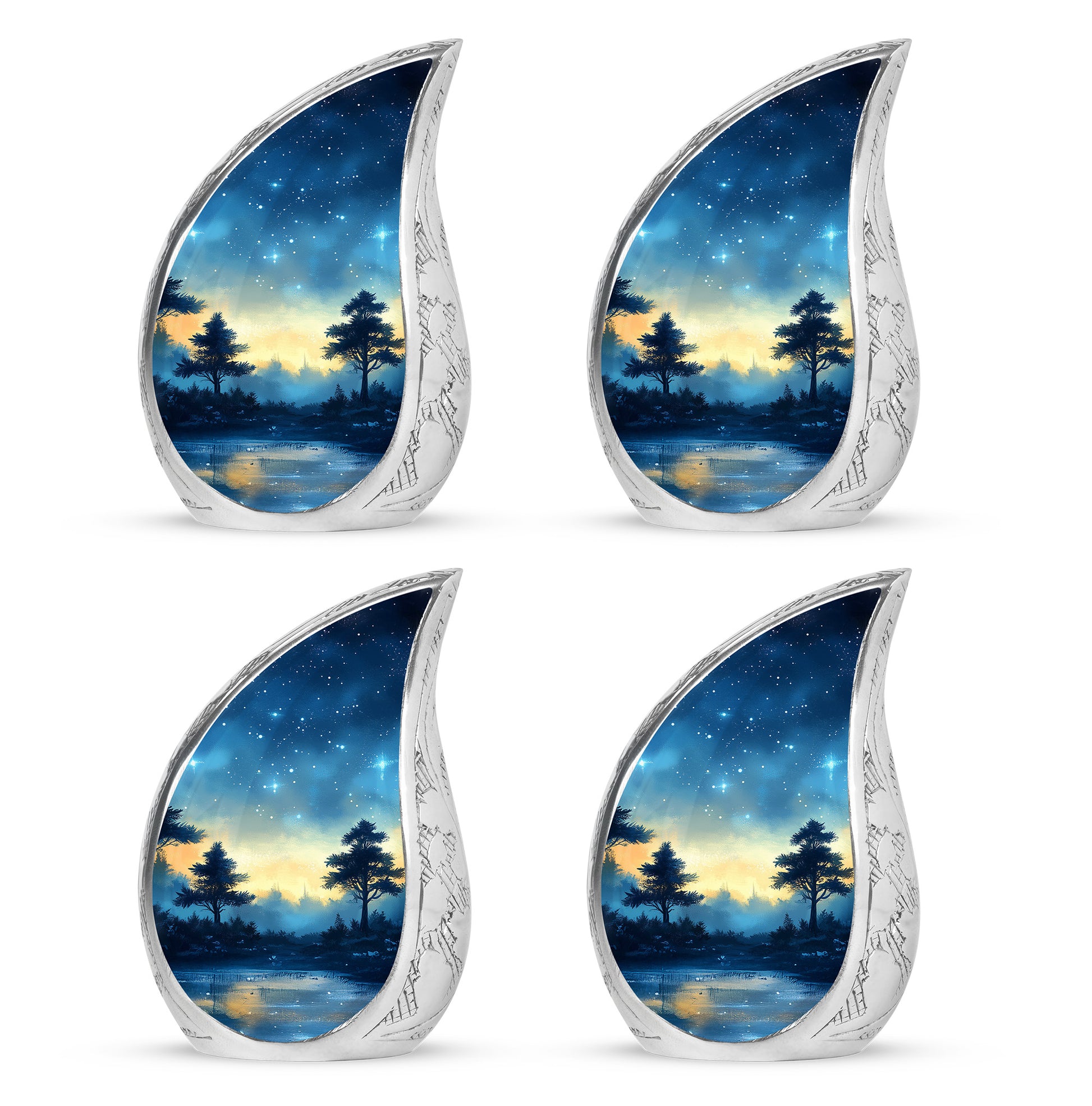 Indigo Blue Cremation Urn close-up of engraving and surface detail - rounded teardrop blue design with delicate detail - 10 inch aluminum urn for cremated remains