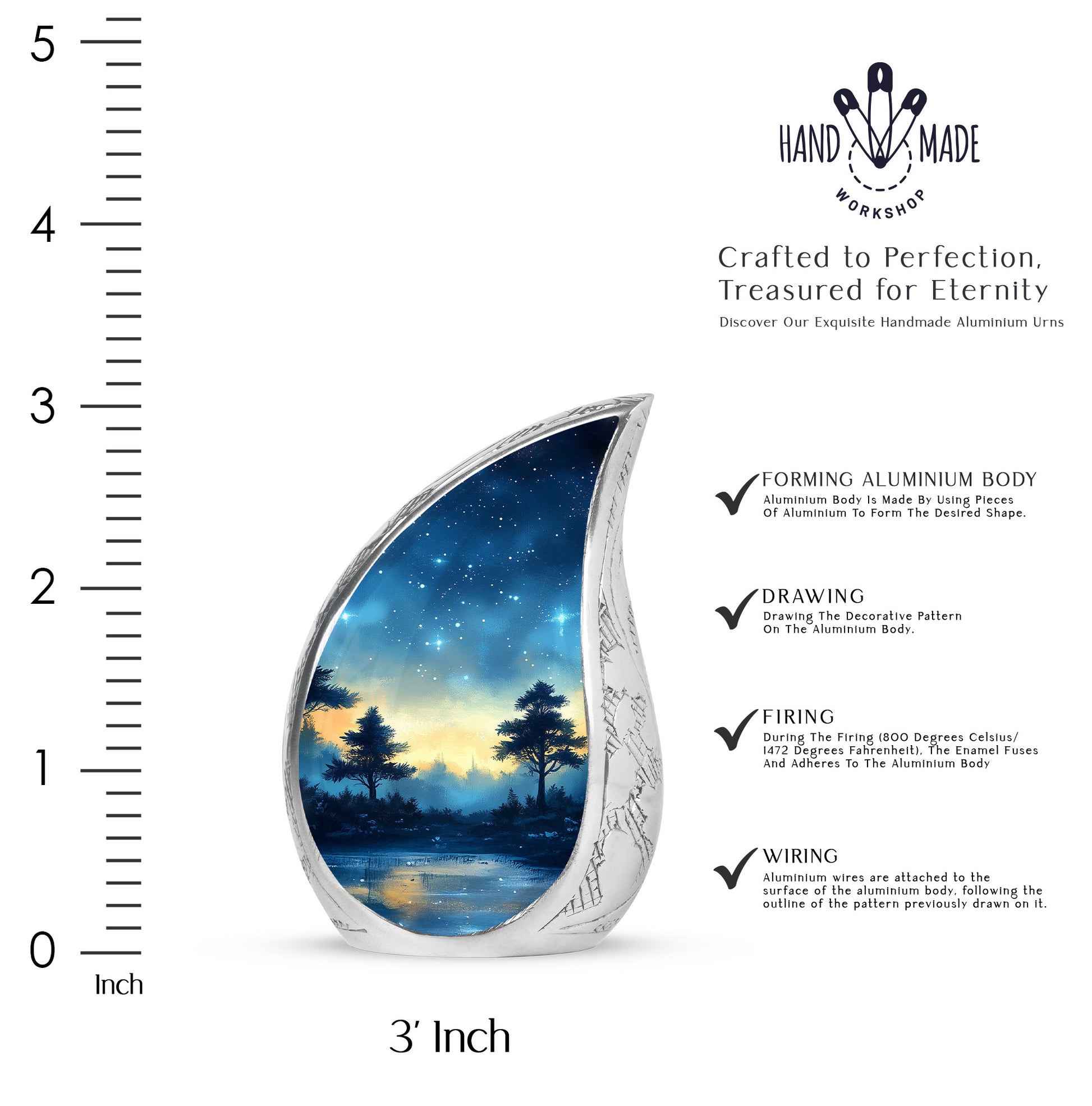 Cobalt Blue Blue Cremation Urn angled view of lid and engraved motif - smooth teardrop contour featuring blue art - mini keepsake memorial for portion of cremation ashes