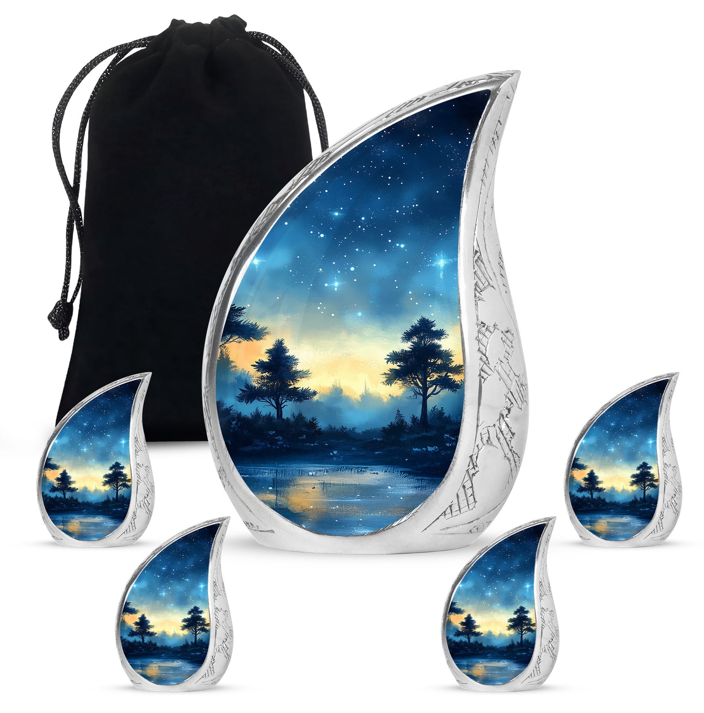 Calming Blue Blue Cremation Urn side profile showing urn shape - smooth teardrop contour featuring blue art - memorial set with one large and four small urns