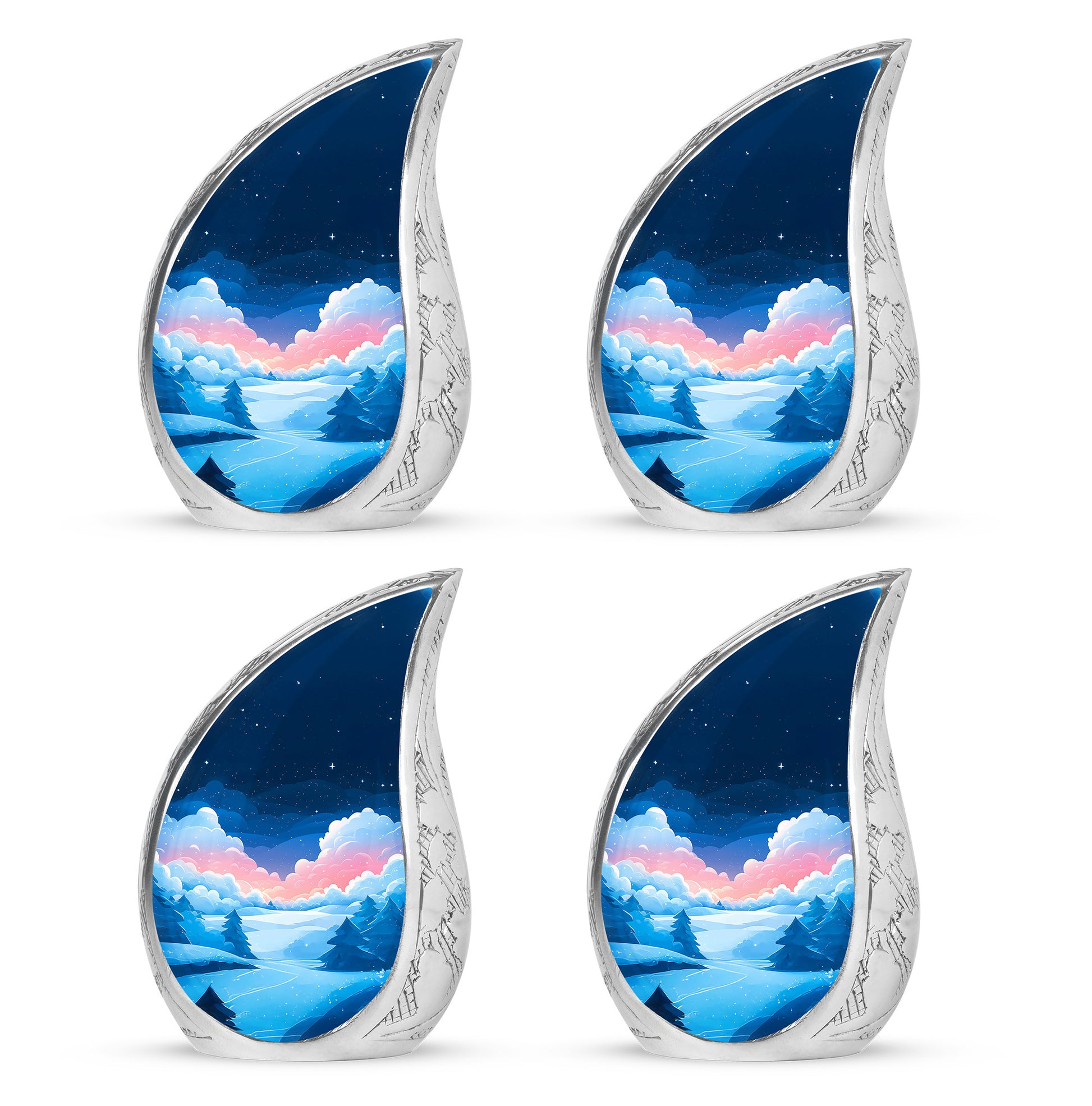 Sky Blue Blue Cremation Urn close-up of engraving and surface detail - flowing teardrop blue silhouette on curved aluminum - 10 inch aluminum urn for cremated remains