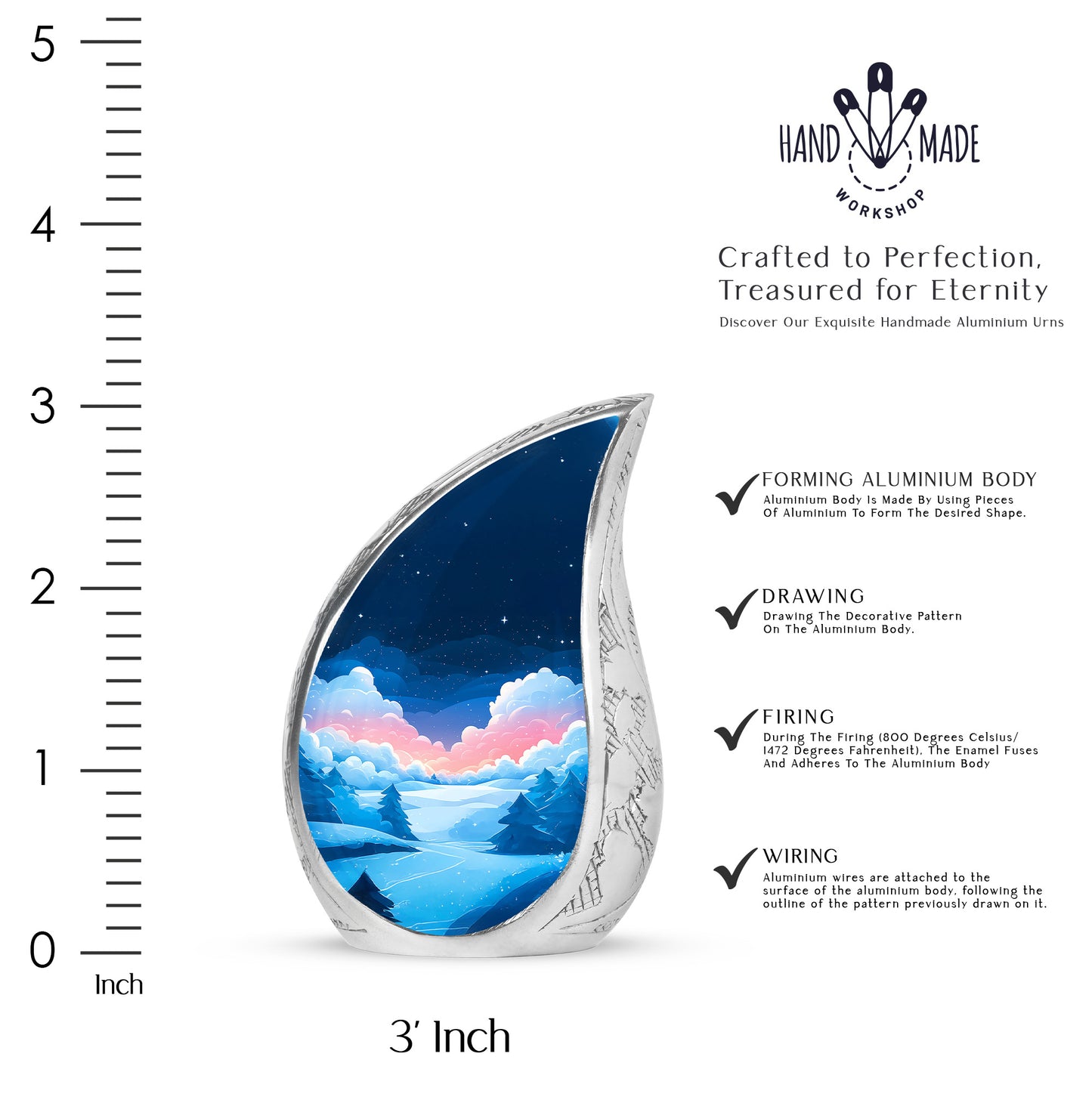 Serene Blue Blue Cremation Urn angled view of lid and engraved motif - graceful tear-shaped urn with blue motif - mini keepsake memorial for portion of cremation ashes