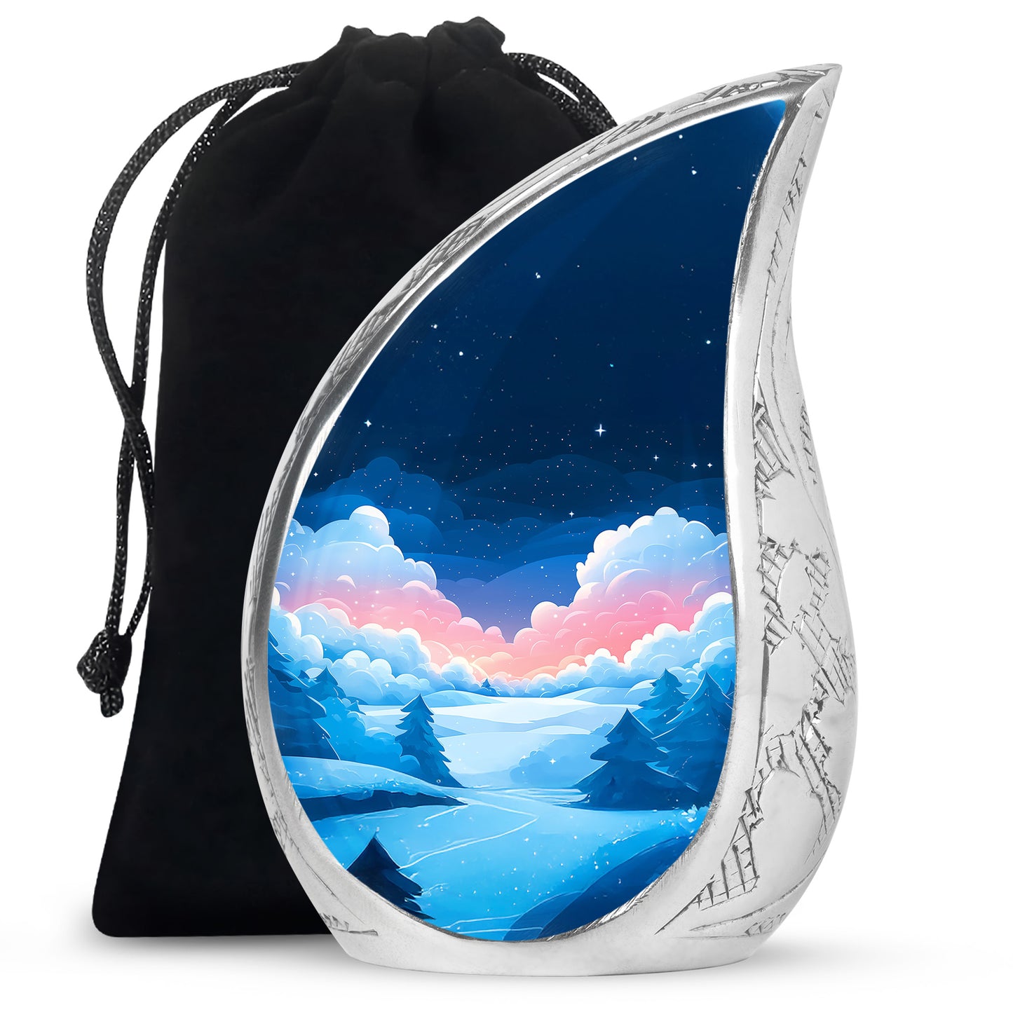 Soft Blue Blue Cremation Urn front view showing detailed design - smooth teardrop contour featuring blue art - full-size 10 inch 200 cubic inch adult cremation urn