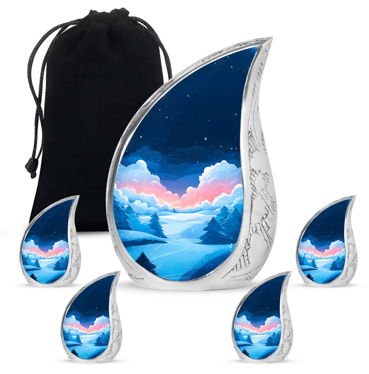 Soft Blue Blue Cremation Urn side profile showing urn shape - graceful tear-shaped urn with blue motif - memorial set with one large and four small urns