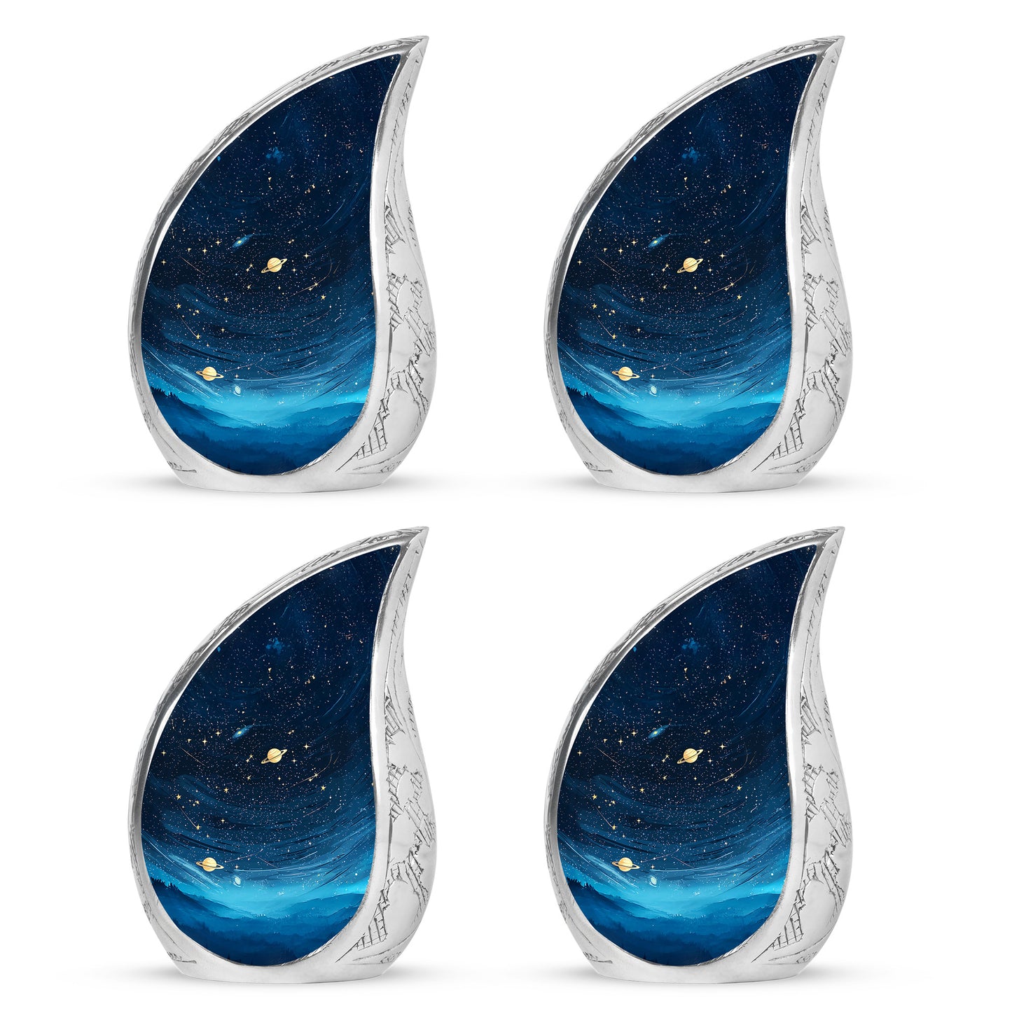 Obsidian Black Blue Cremation Urn close-up of engraving and surface detail - smooth teardrop contour featuring blue art - 10 inch aluminum urn for cremated remains