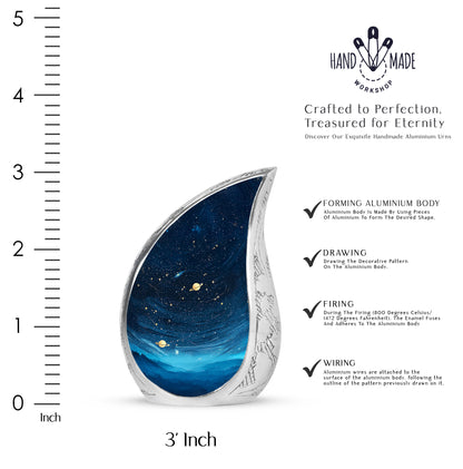 Dark Black Blue Cremation Urn angled view of lid and engraved motif - graceful tear-shaped urn with blue motif - mini keepsake memorial for portion of cremation ashes