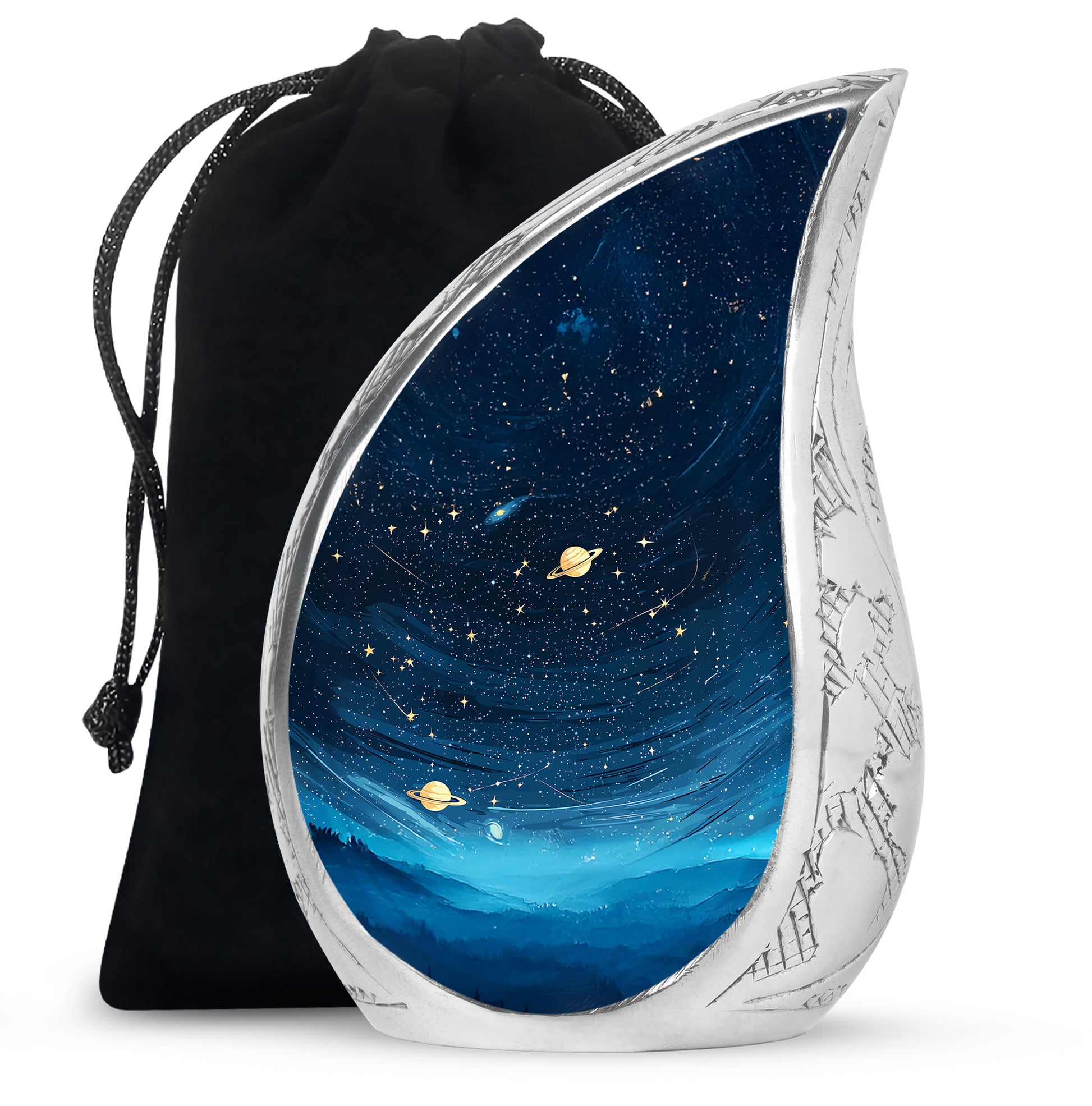 Deep Black Blue Cremation Urn front view showing detailed design - flowing teardrop blue silhouette on curved aluminum - full-size 10 inch 200 cubic inch adult cremation urn