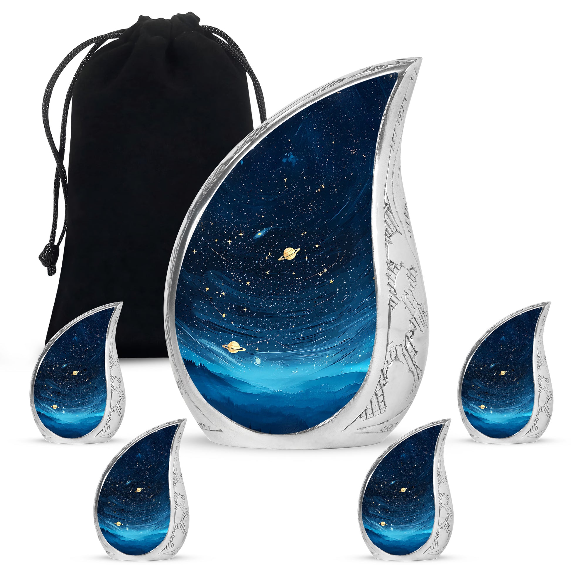 Jet Black Blue Cremation Urn side profile showing urn shape - flowing teardrop blue silhouette on curved aluminum - memorial set with one large and four small urns