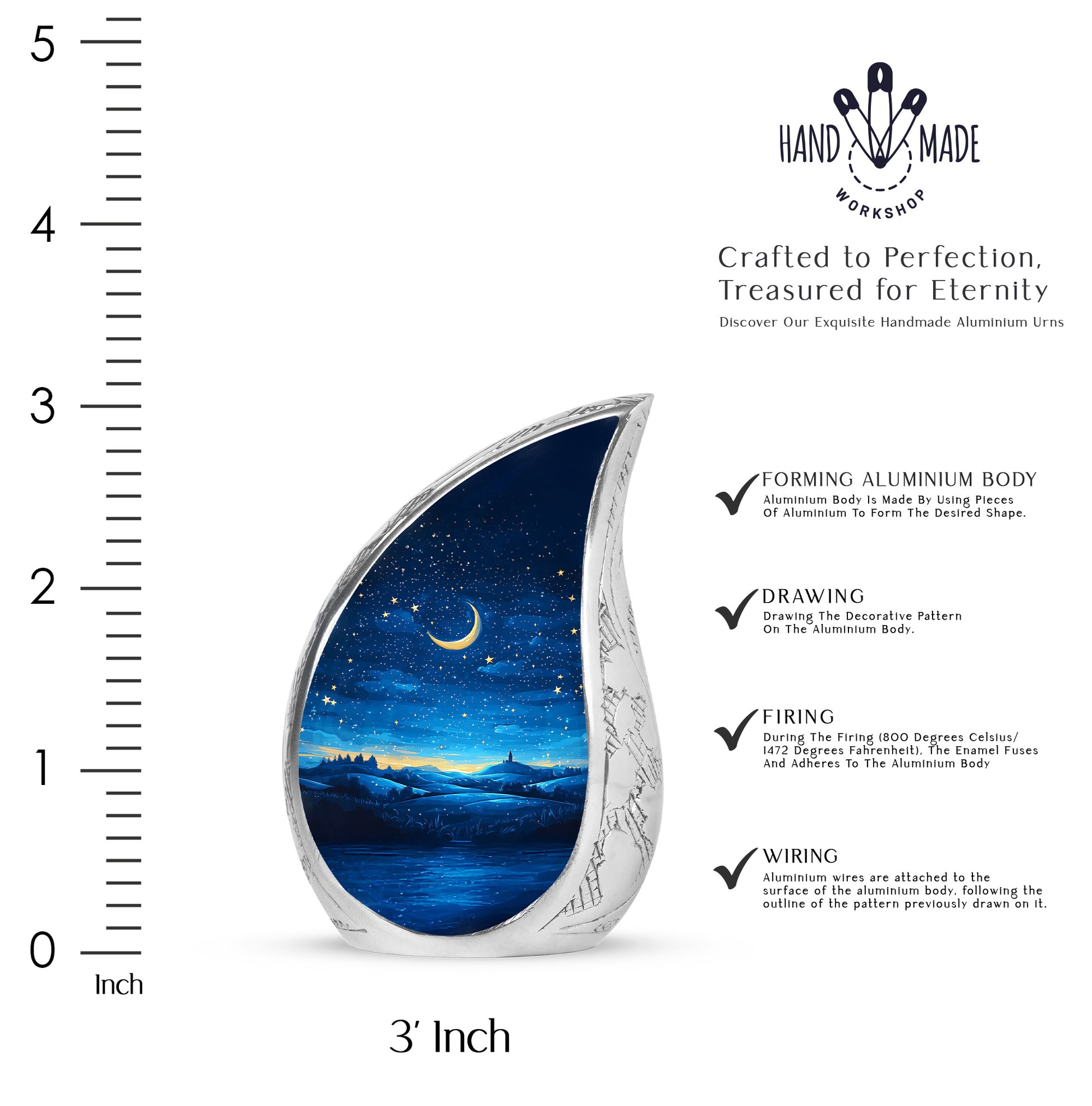 Bright Blue Blue Cremation Urn angled view of lid and engraved motif - graceful tear-shaped urn with blue motif - mini keepsake memorial for portion of cremation ashes