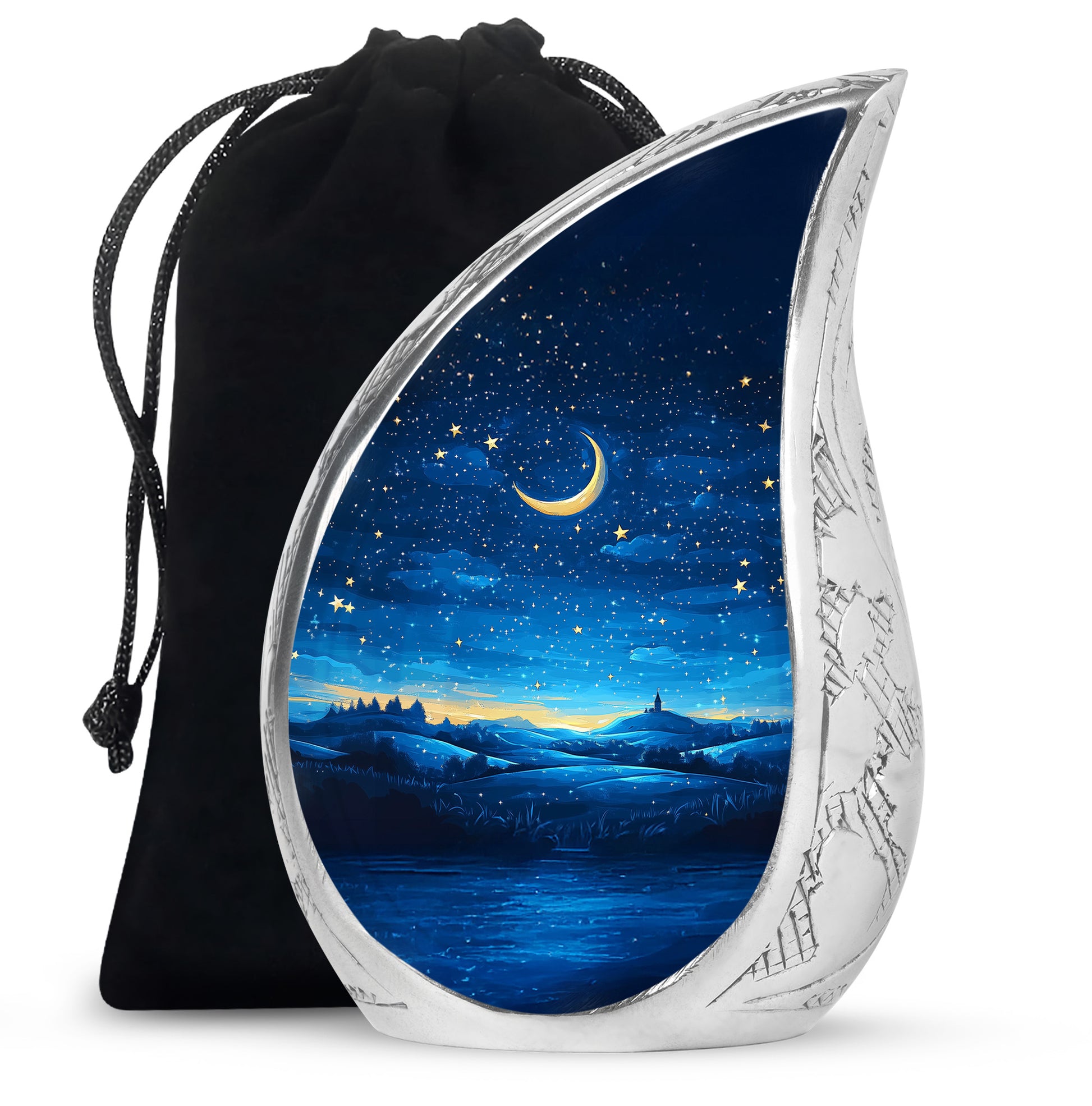 Icy Blue Blue Cremation Urn front view showing detailed design - rounded teardrop blue design with delicate detail - full-size 10 inch 200 cubic inch adult cremation urn