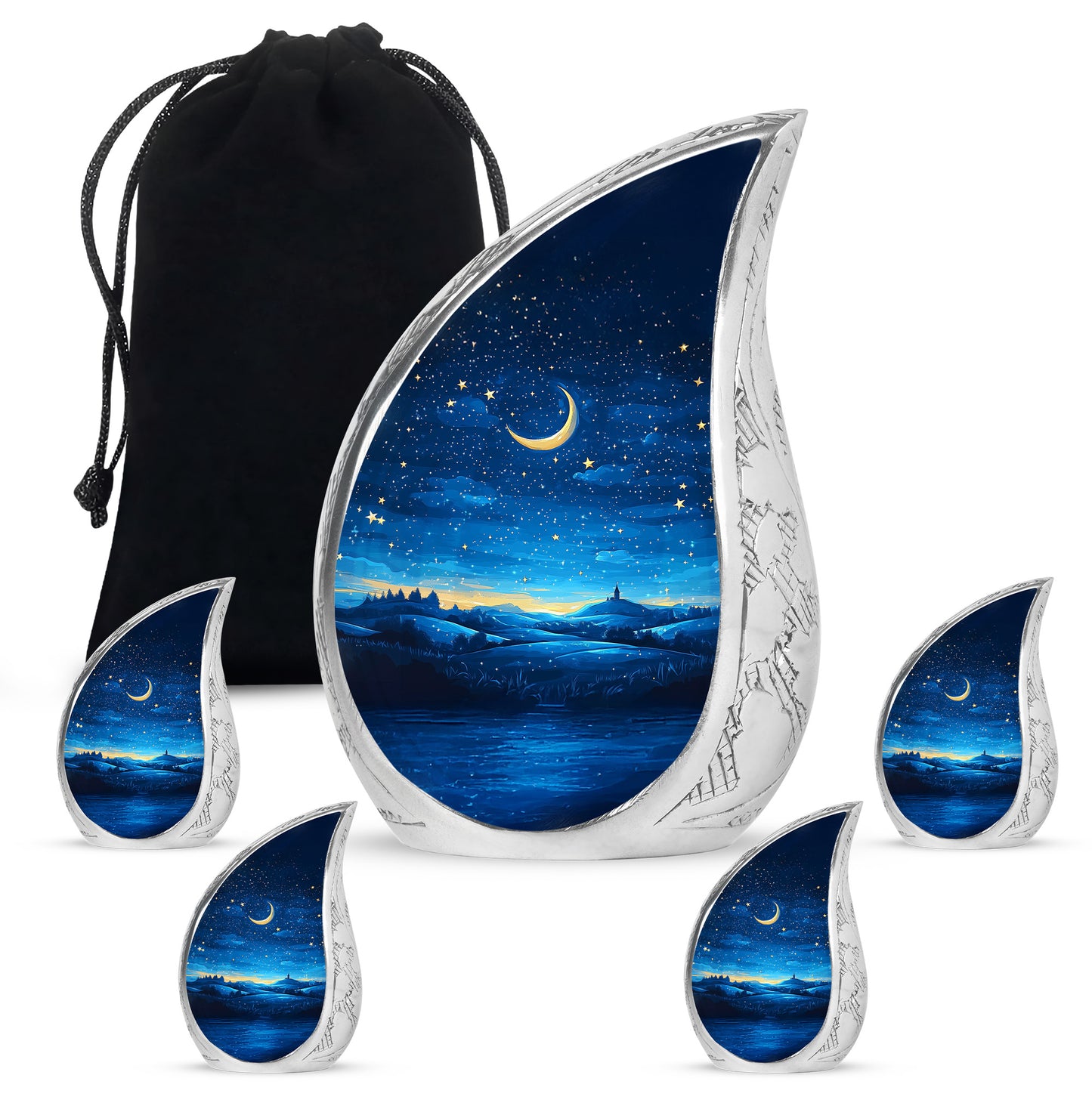 Calming Blue Blue Cremation Urn side profile showing urn shape - graceful tear-shaped urn with blue motif - memorial set with one large and four small urns
