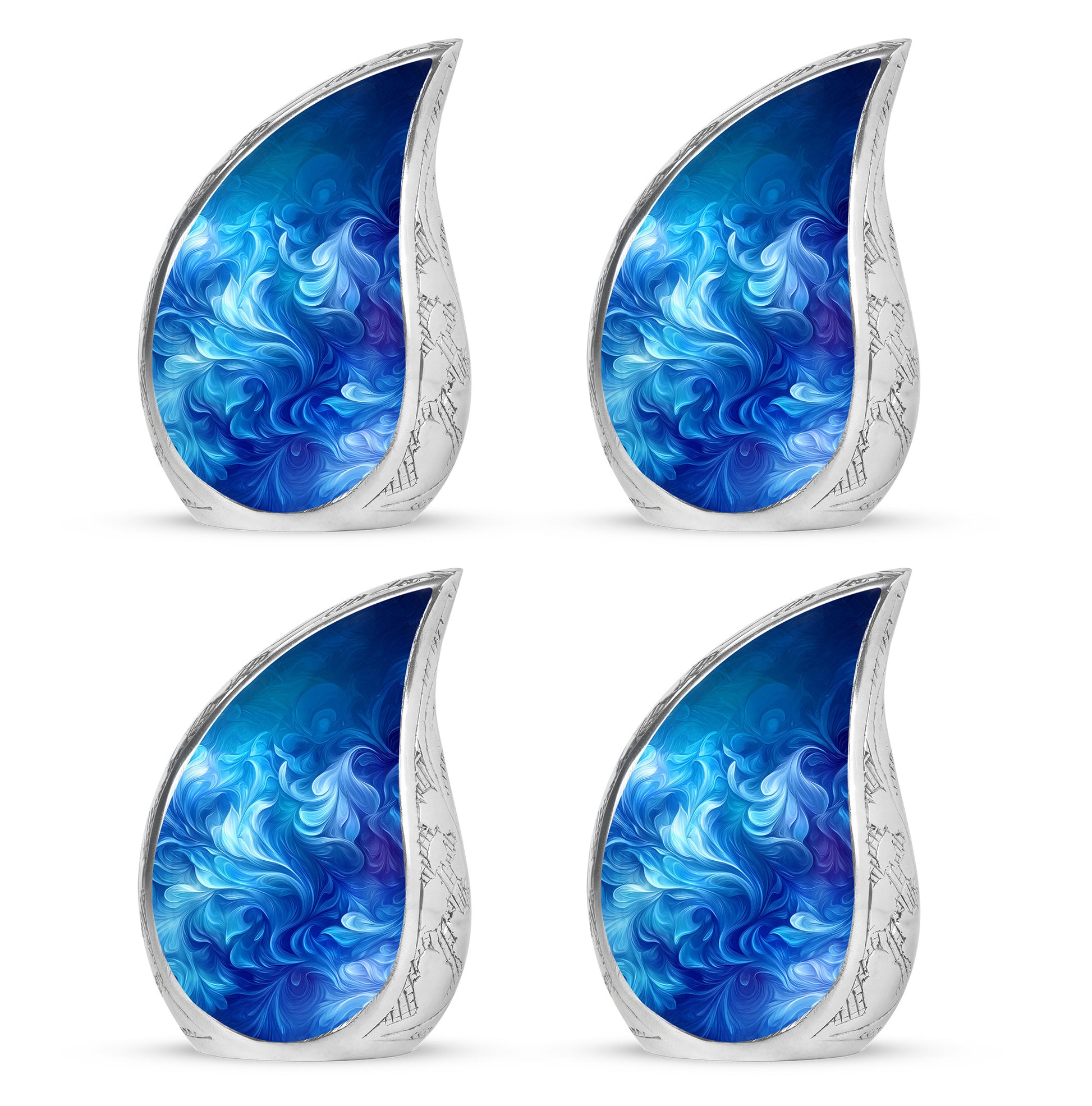 Azure Blue Cremation Urn close-up of engraving and surface detail - flowing teardrop blue silhouette on curved aluminum - 10 inch aluminum urn for cremated remains