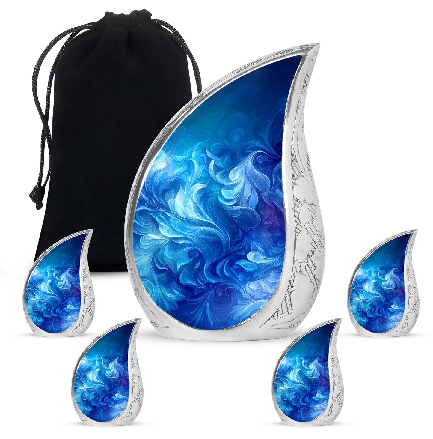 Bright Blue Blue Cremation Urn side profile showing urn shape - smooth teardrop contour featuring blue art - memorial set with one large and four small urns