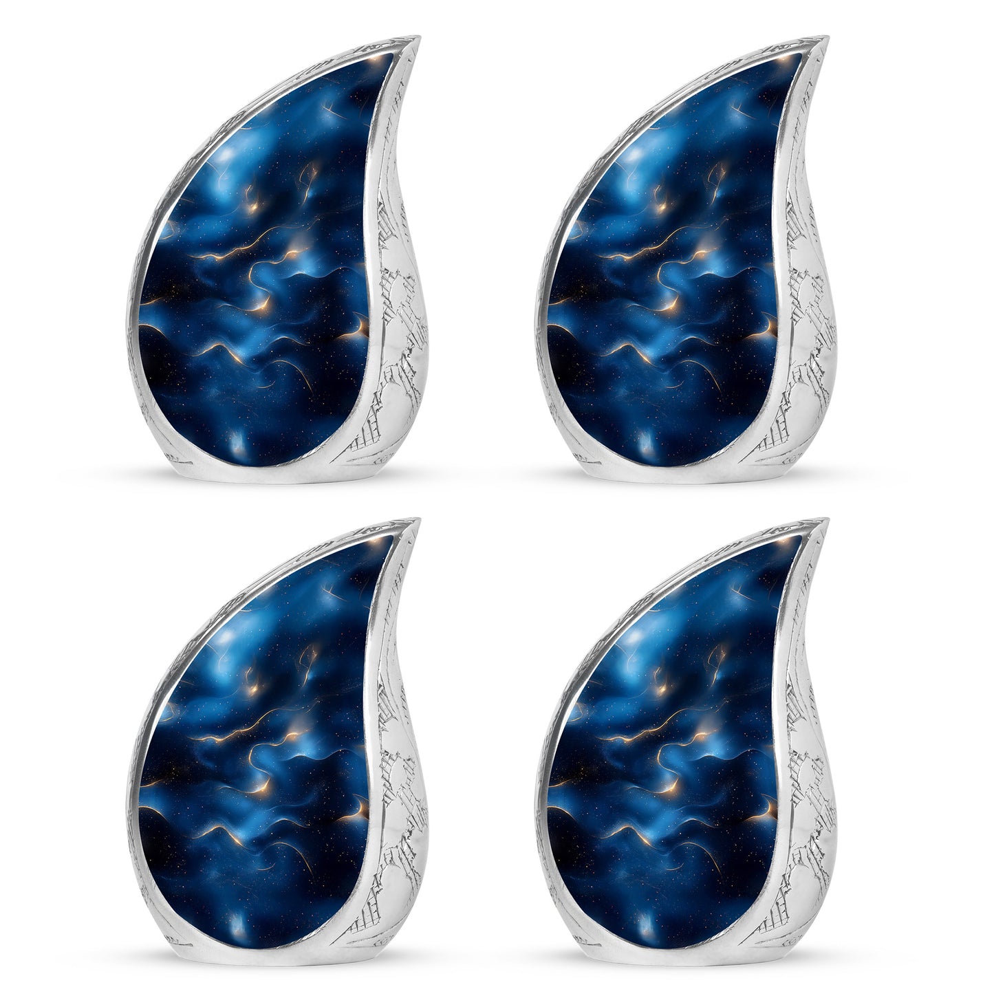 Soft Blue Blue Cremation Urn close-up of engraving and surface detail - graceful tear-shaped urn with blue motif - 10 inch aluminum urn for cremated remains