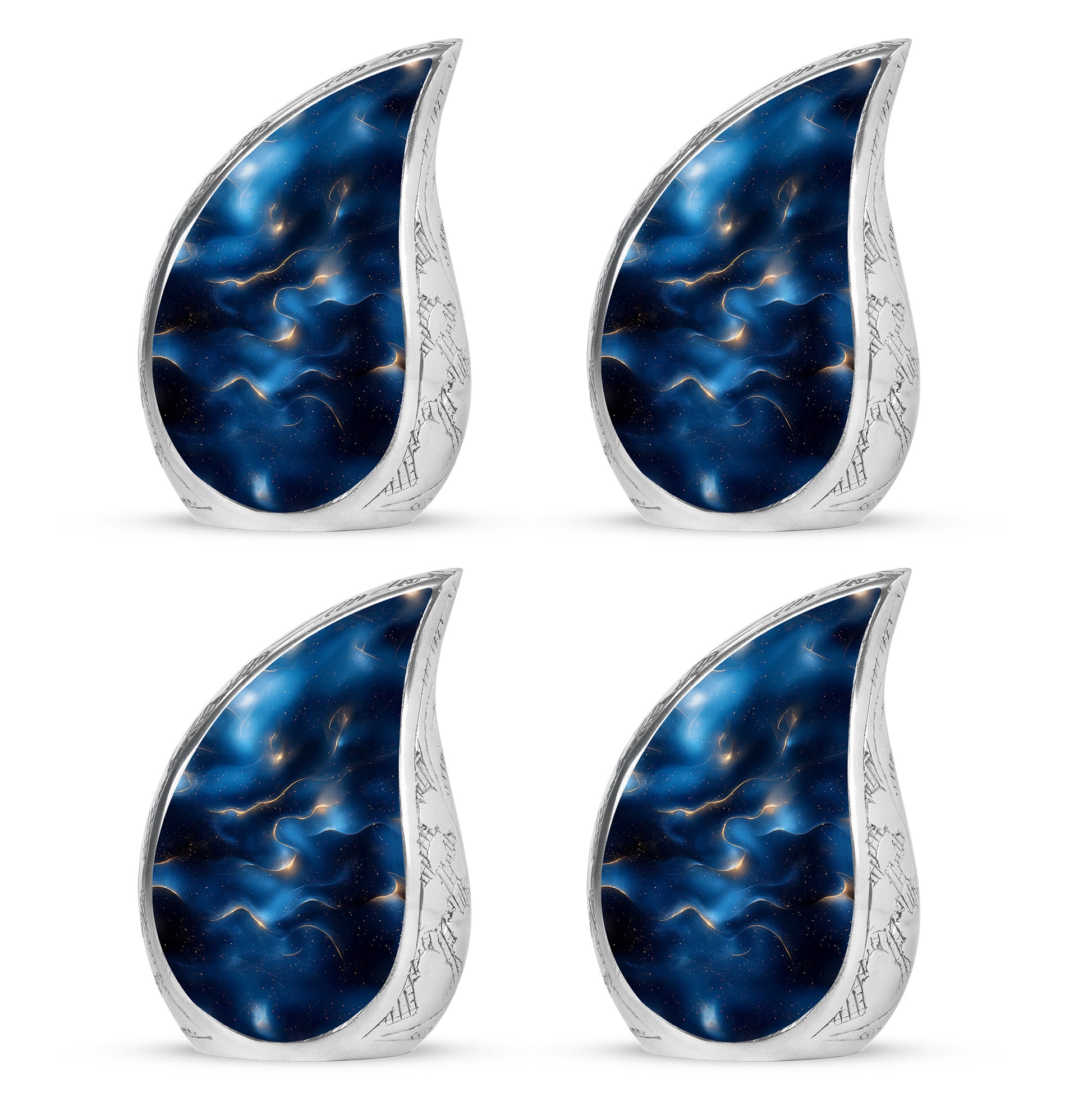 Soft Blue Blue Cremation Urn close-up of engraving and surface detail - graceful tear-shaped urn with blue motif - 10 inch aluminum urn for cremated remains