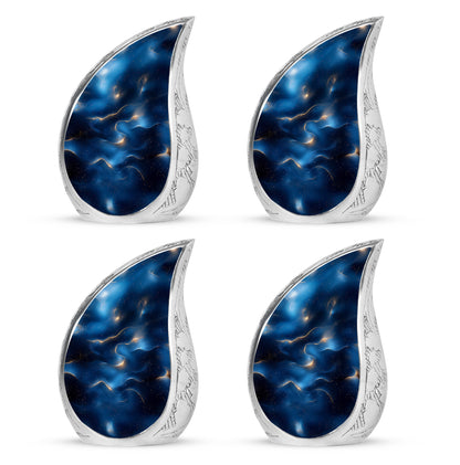 Soft Blue Blue Cremation Urn close-up of engraving and surface detail - graceful tear-shaped urn with blue motif - 10 inch aluminum urn for cremated remains