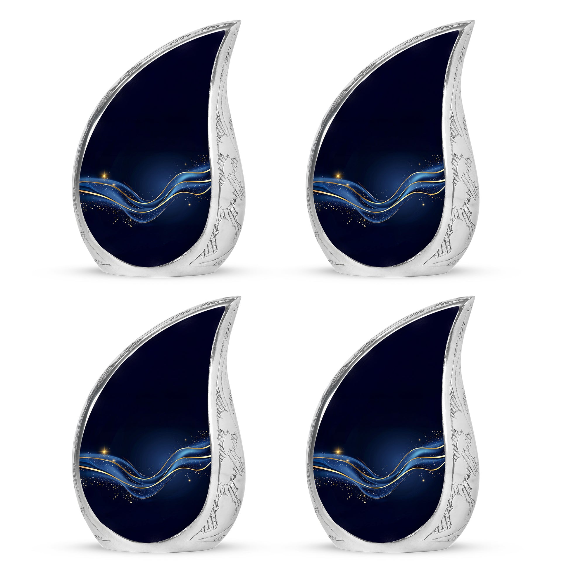 Rich Black Blue Cremation Urn close-up of engraving and surface detail - flowing teardrop blue silhouette on curved aluminum - 10 inch aluminum urn for cremated remains