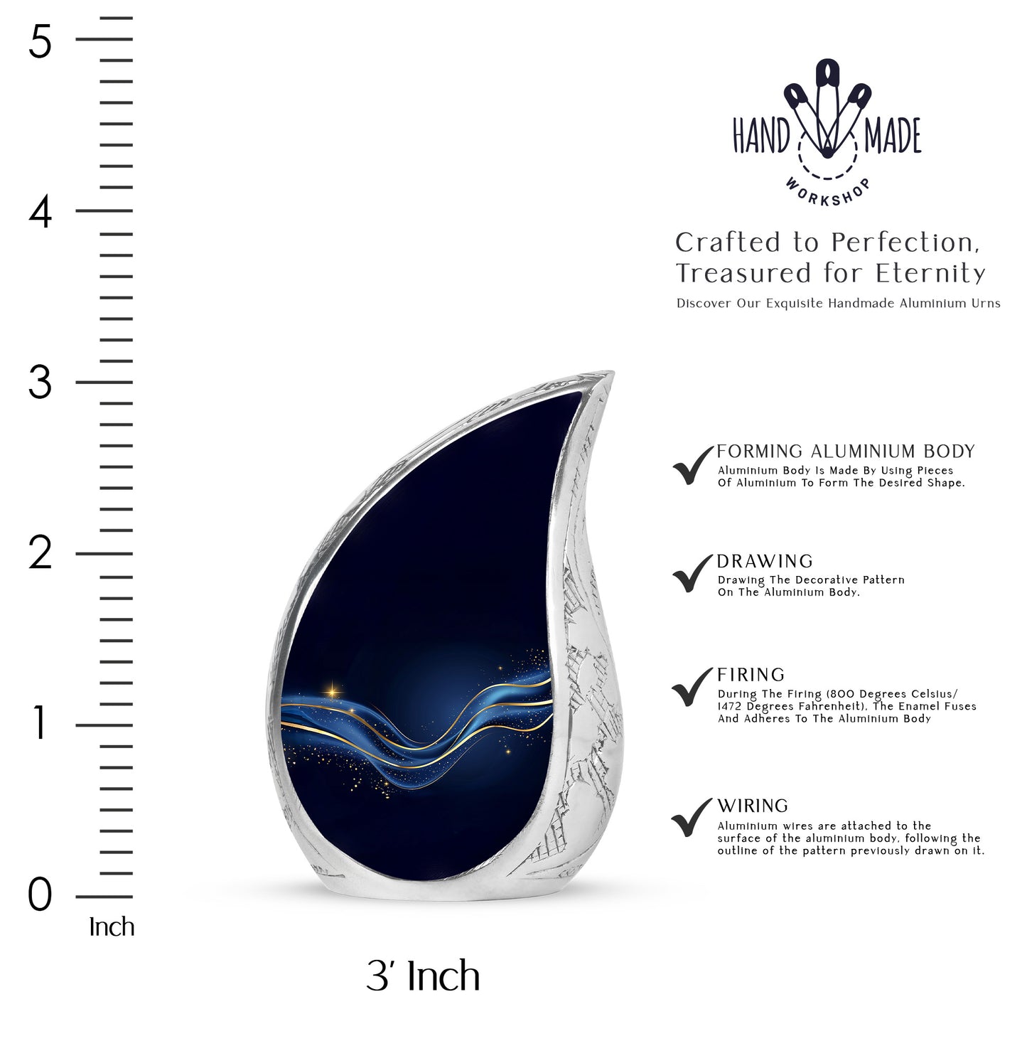 Jet Black Blue Cremation Urn angled view of lid and engraved motif - rounded teardrop blue design with delicate detail - mini keepsake memorial for portion of cremation ashes