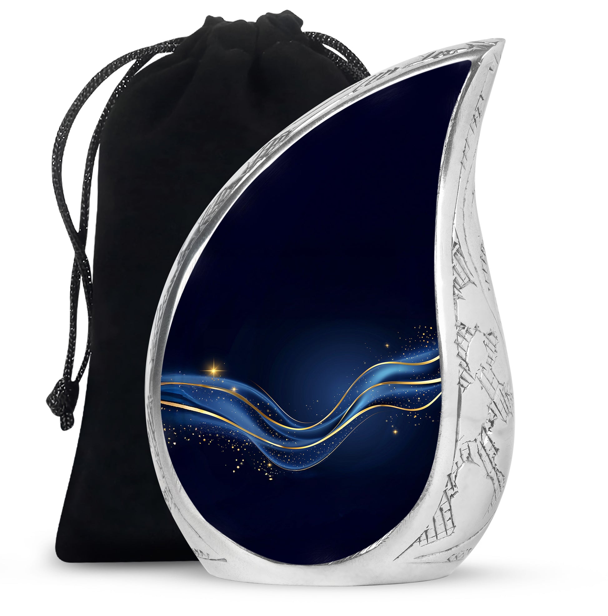 Deep Black Blue Cremation Urn front view showing detailed design - rounded teardrop blue design with delicate detail - full-size 10 inch 200 cubic inch adult cremation urn