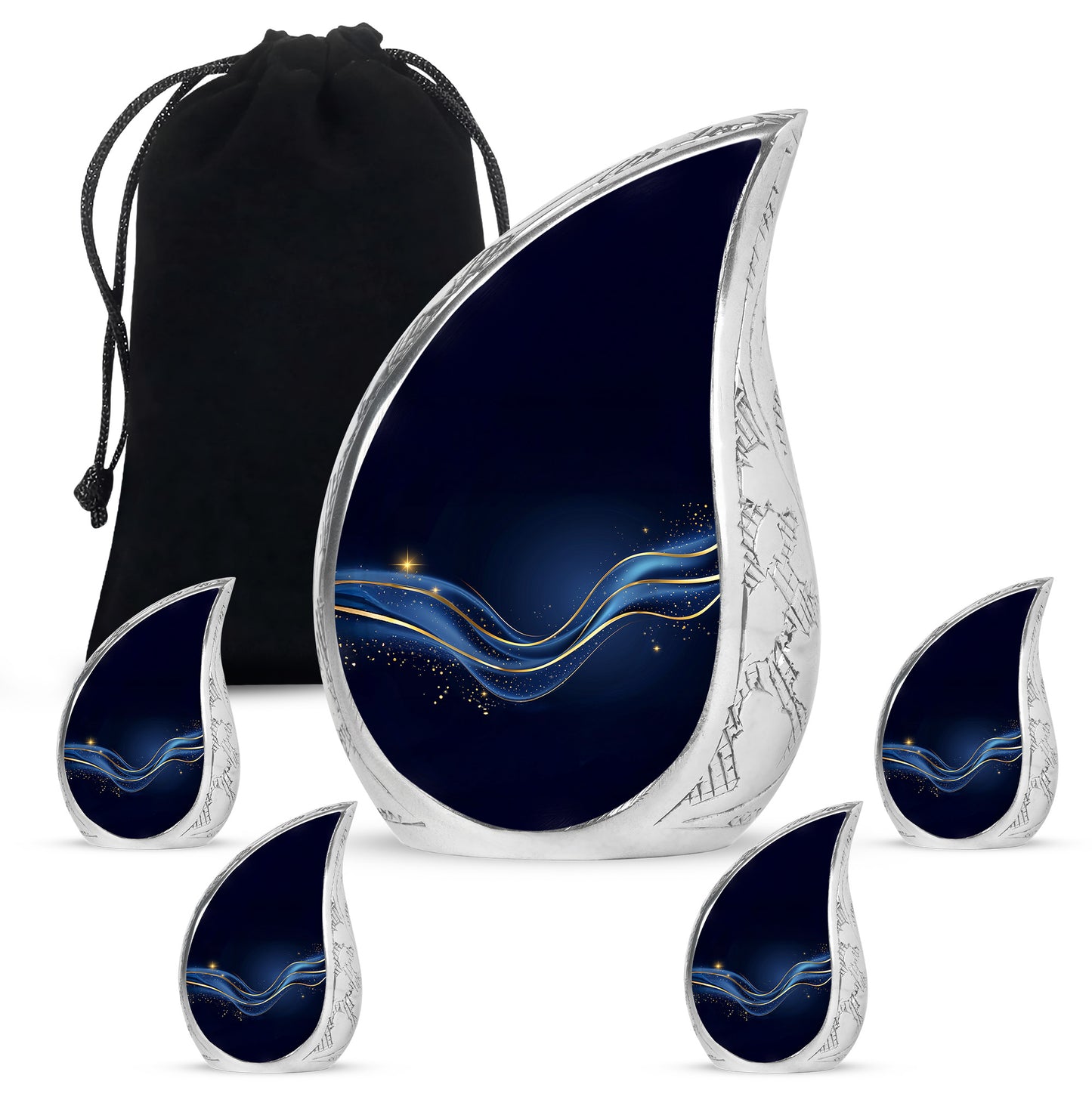 Ebony Blue Cremation Urn side profile showing urn shape - rounded teardrop blue design with delicate detail - memorial set with one large and four small urns
