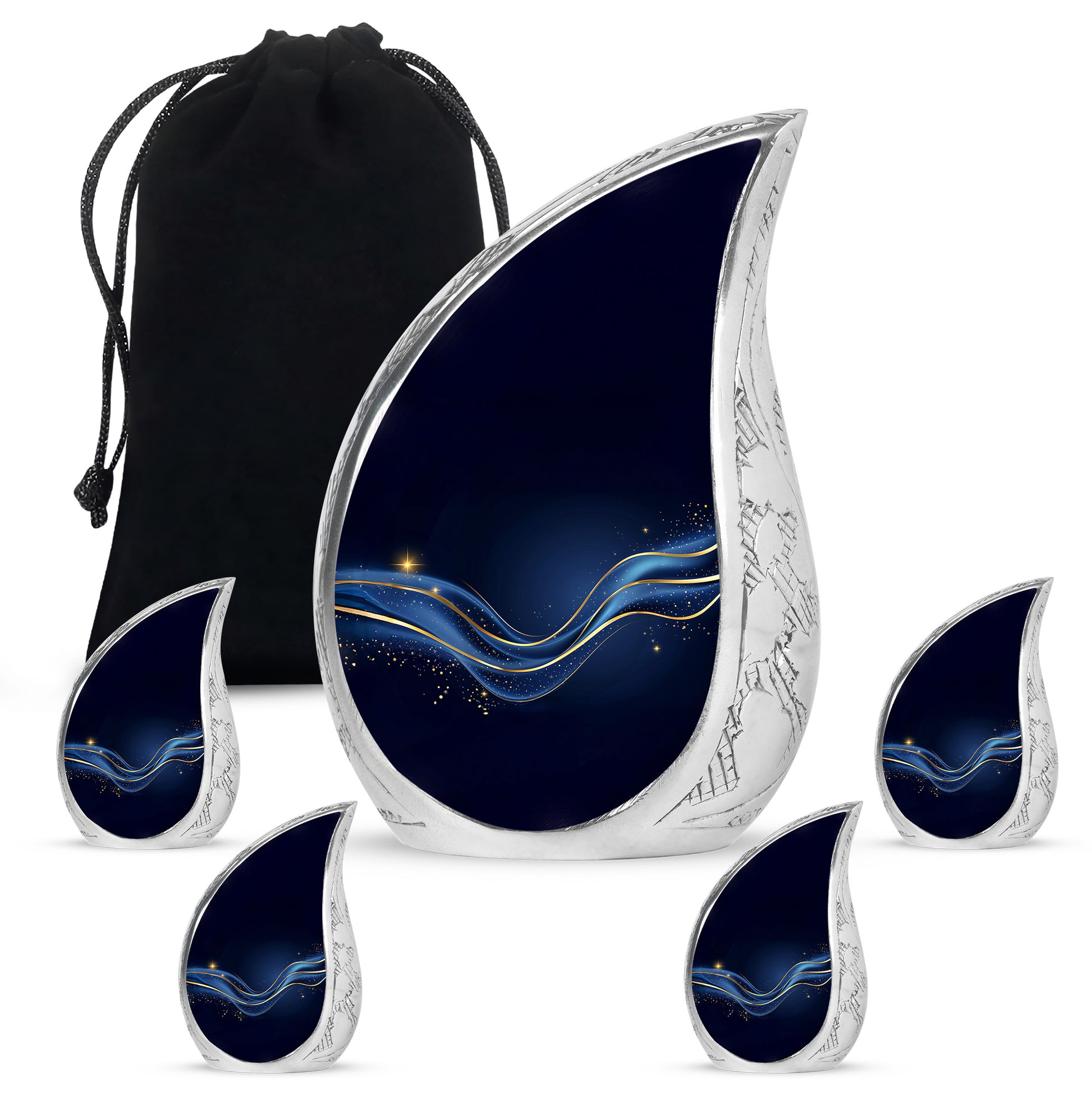 Ebony Blue Cremation Urn side profile showing urn shape - rounded teardrop blue design with delicate detail - memorial set with one large and four small urns