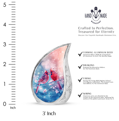 Burgundy Red Cardinal Cremation Urn angled view of lid and engraved motif - flowing teardrop cardinal silhouette on curved aluminum - mini keepsake memorial for portion of cremation ashes