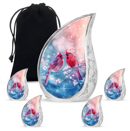 Burgundy Red Cardinal Cremation Urn side profile showing urn shape - flowing teardrop cardinal silhouette on curved aluminum - memorial set with one large and four small urns